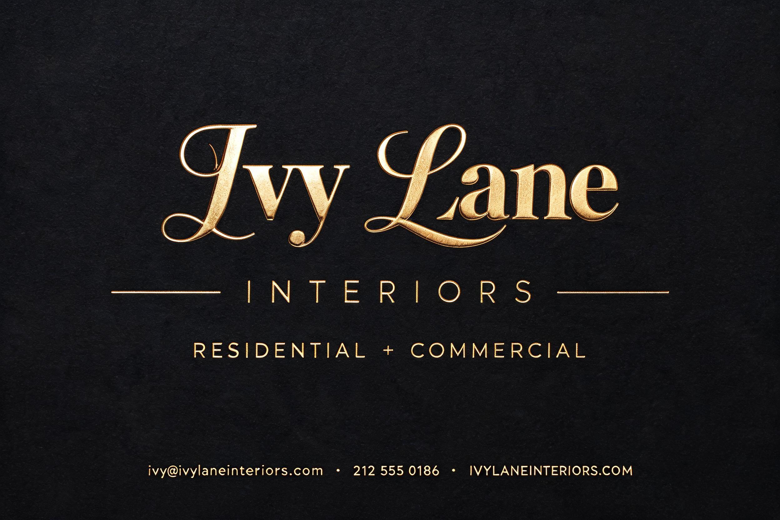 "Ivy Lane
INTERIORS
RESIDENTIAL + COMMERCIAL
ivy@ivylaneinteriors.com  ·  212 555 0186  ·  IVYLANEINTERIORS.COM" — 3d Bold Gold | AI Text Effect Generator