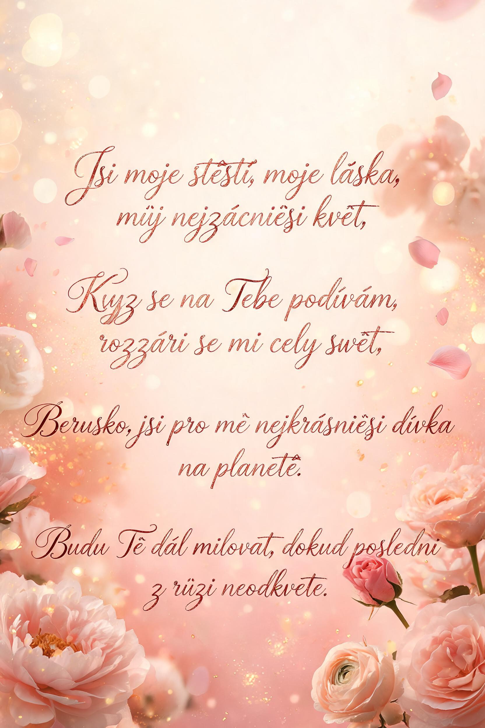 "Jsi moje štěstí, moje láska, můj nejvzácnější květ,
Když se na Tebe podívám, rozzáří se mi celý svět.

Beruško, jsi pro mě nejkrásnější dívka na planetě.
Budu Tě dál milovat, dokud poslední z růží neodkvete." — Romantic Her text effect