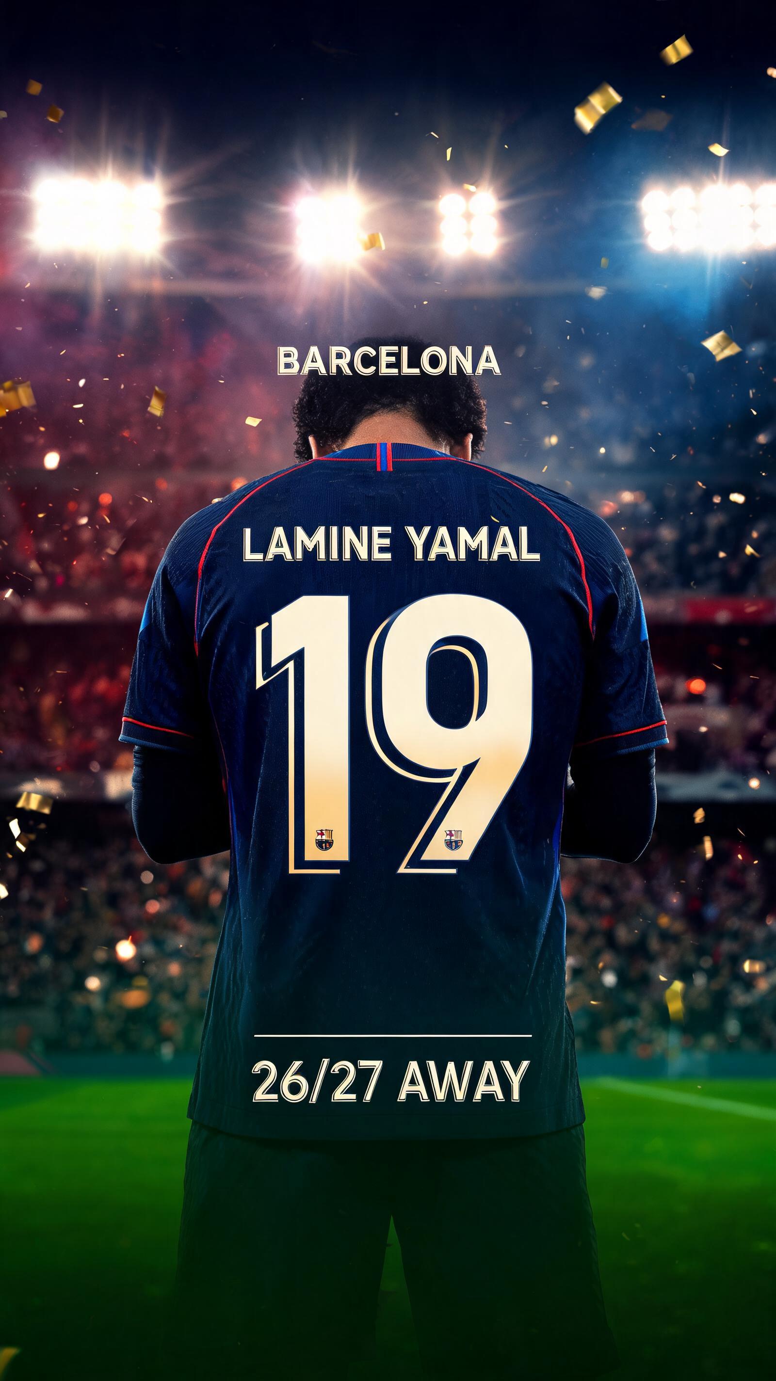 "19
LAMINE YAMAL
BARCELONA
26/27 AWAY" — Sports Football | AI Text Effect Generator