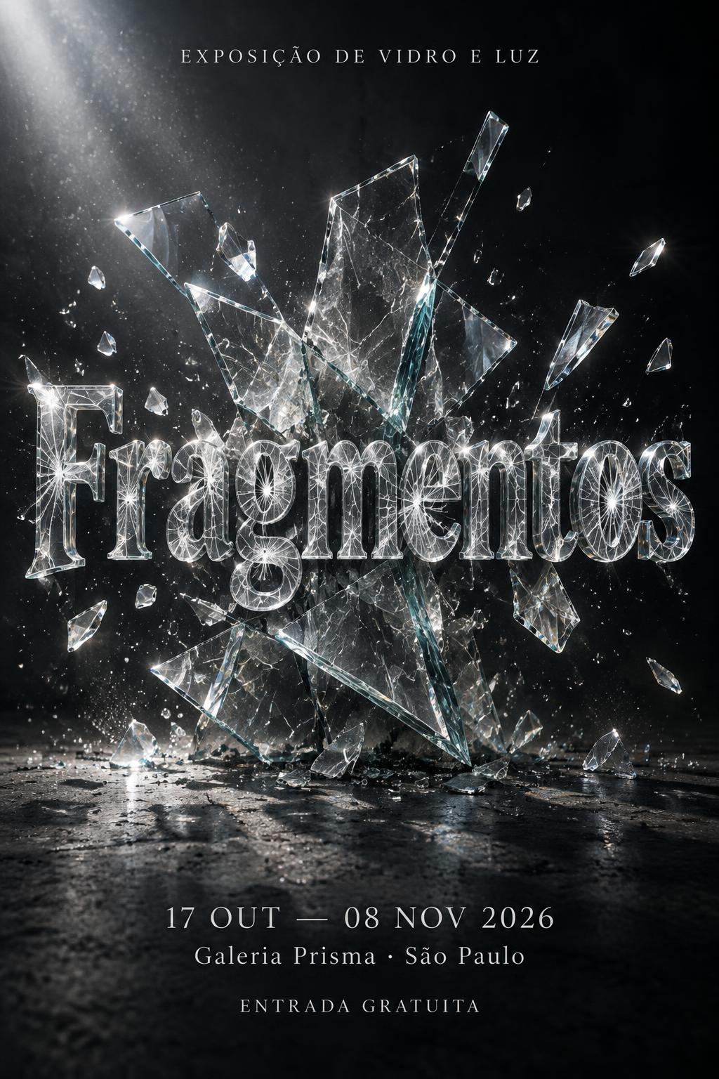 "Fragmentos
EXPOSIÇÃO DE VIDRO E LUZ
17 OUT — 08 NOV 2026
Galeria Prisma · São Paulo
ENTRADA GRATUITA" — Glass Broken | AI Text Effect Generator