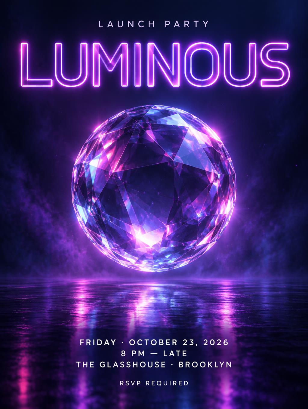 "LUMINOUS
LAUNCH PARTY
FRIDAY · OCTOBER 23, 2026
8 PM — LATE
THE GLASSHOUSE · BROOKLYN
RSVP REQUIRED" — Neon Outline | AI Text Effect Generator