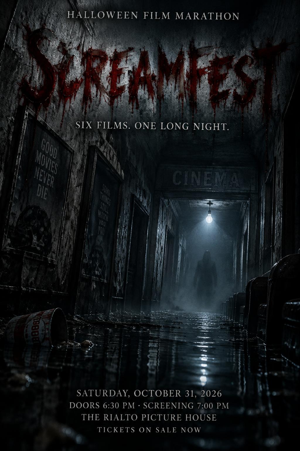 "SCREAMFEST
HALLOWEEN FILM MARATHON
SIX FILMS. ONE LONG NIGHT.
SATURDAY, OCTOBER 31, 2026
DOORS 6:30 PM · SCREENING 7:00 PM
THE RIALTO PICTURE HOUSE
TICKETS ON SALE NOW" — Cinematic Horror | AI Text Effect Generator