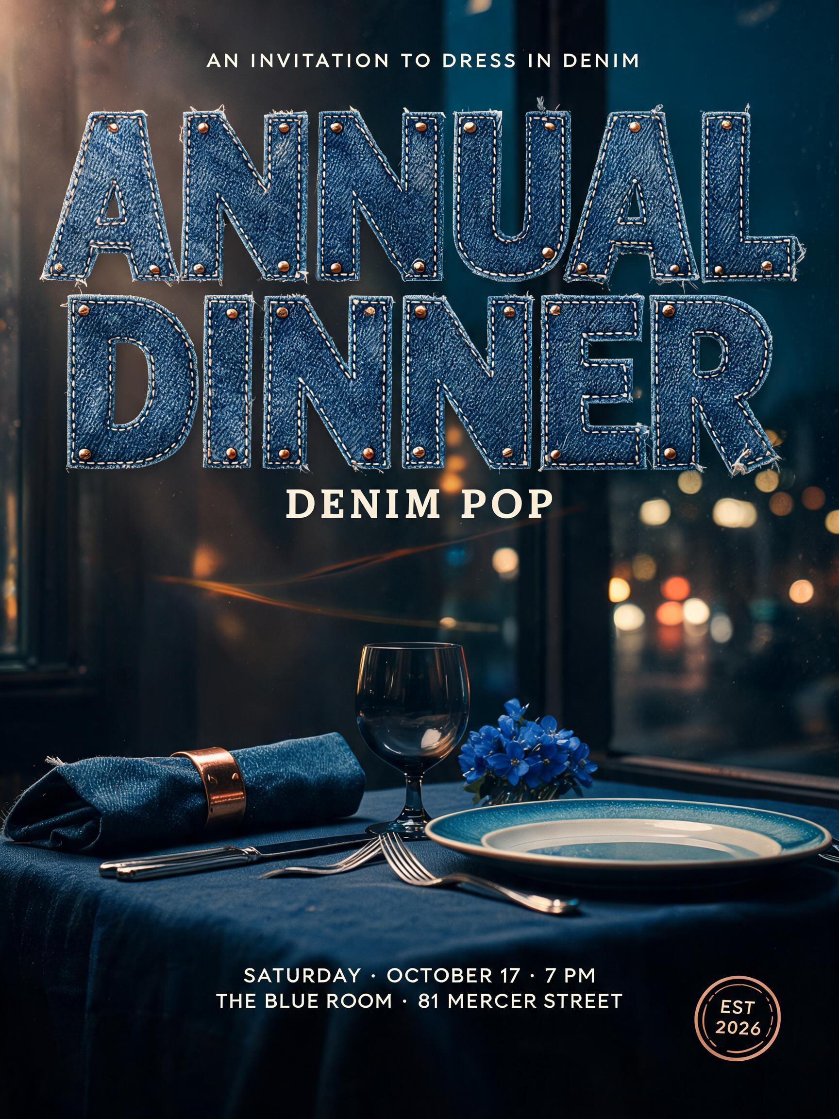 "ANNUAL
DINNER
DENIM POP
AN INVITATION TO DRESS IN DENIM
SATURDAY · OCTOBER 17 · 7 PM
THE BLUE ROOM · 81 MERCER STREET
EST. 2026" — Cinematic text effect