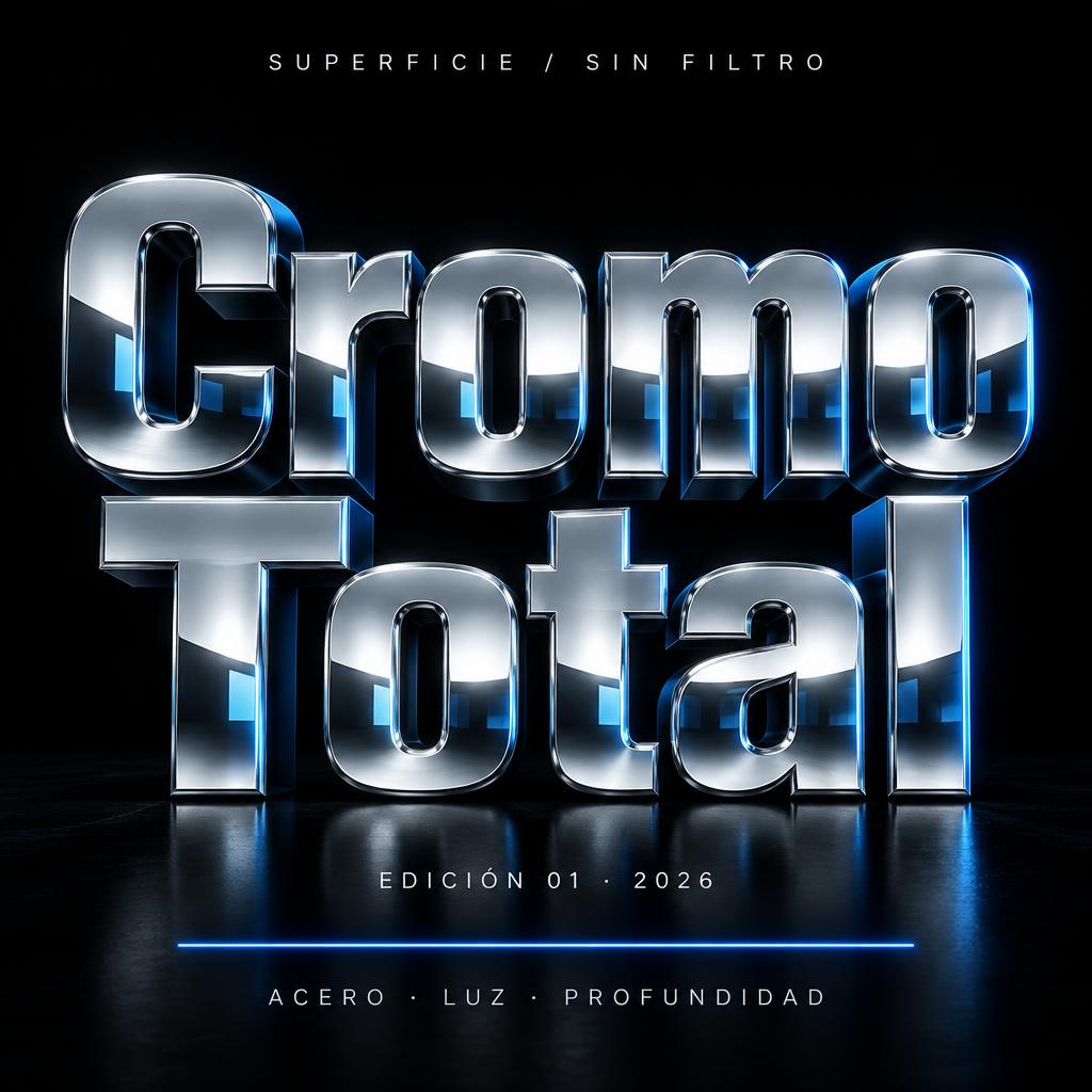 "Cromo
Total
SUPERFICIE / SIN FILTRO
EDICIÓN 01 · 2026
ACERO · LUZ · PROFUNDIDAD" — Chrome Metal 3d | AI Text Effect Generator