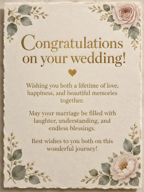 "Congratulations on your wedding!
Wishing you both a lifetime of love, happiness, and beautiful memories together.
May your marriage be filled with laughter, understanding, and endless blessings.
Best wishes to you both on this wonderful journey!
❤️" — Wedding text effect