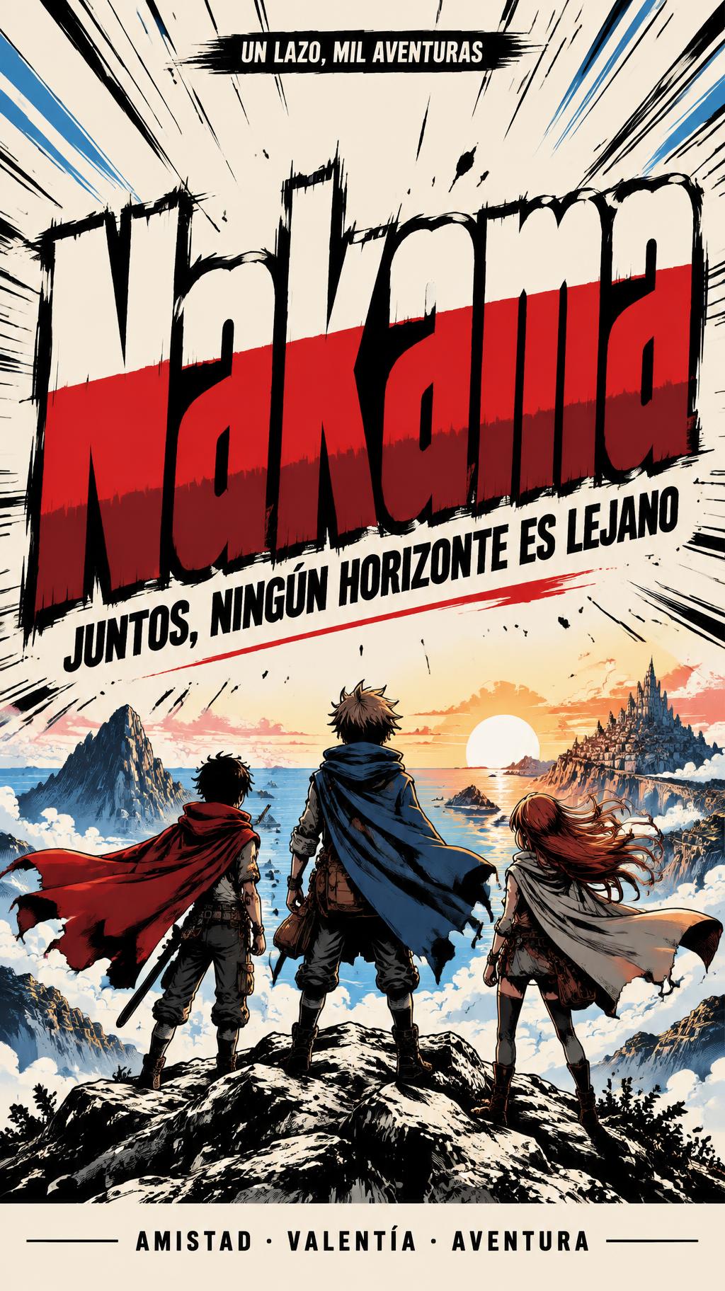 "Nakama
JUNTOS, NINGÚN HORIZONTE ES LEJANO
UN LAZO, MIL AVENTURAS
AMISTAD · VALENTÍA · AVENTURA" — Anime | AI Text Effect Generator
