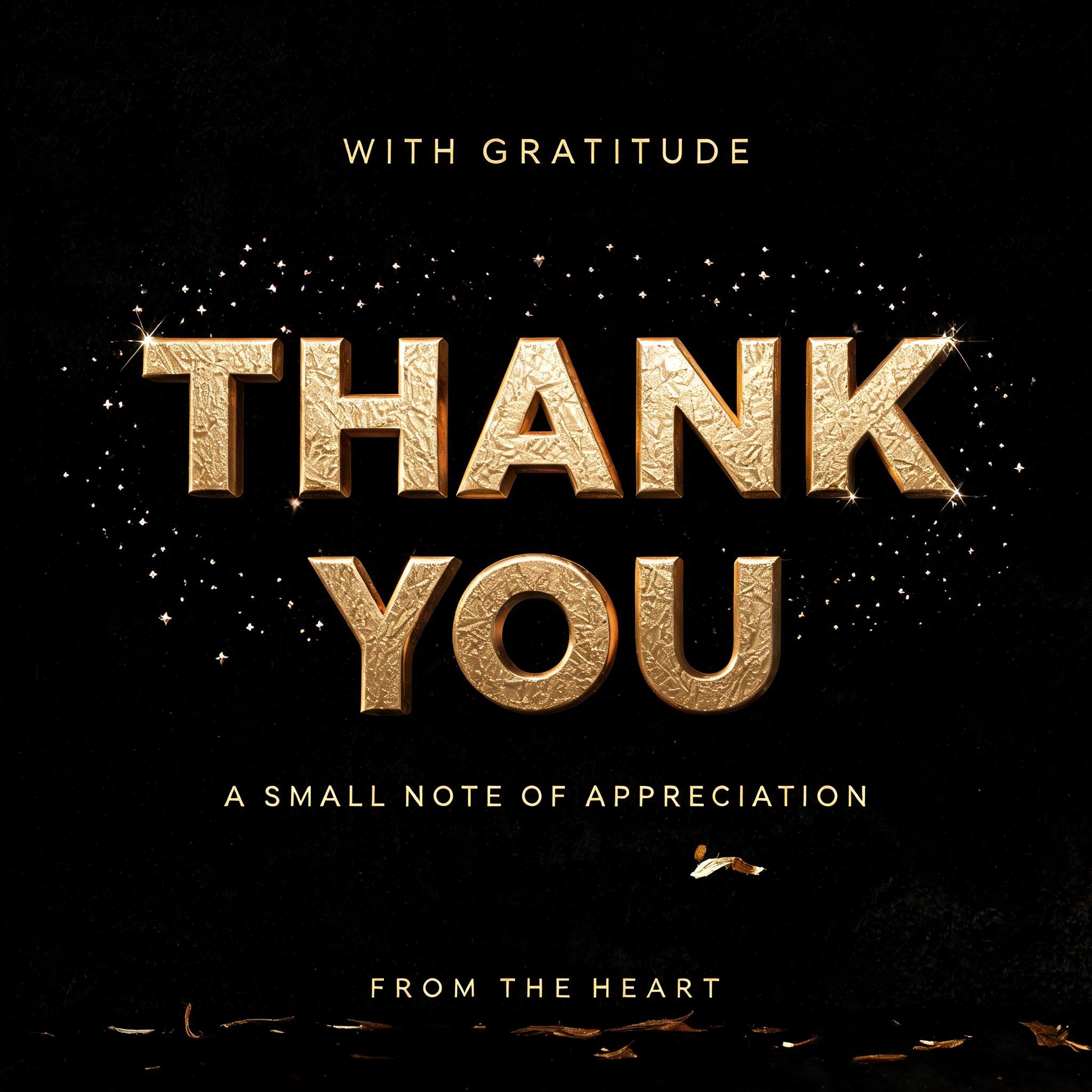 "THANK
YOU
WITH GRATITUDE
A SMALL NOTE OF APPRECIATION
FROM THE HEART" — Luxury Gold | AI Text Effect Generator