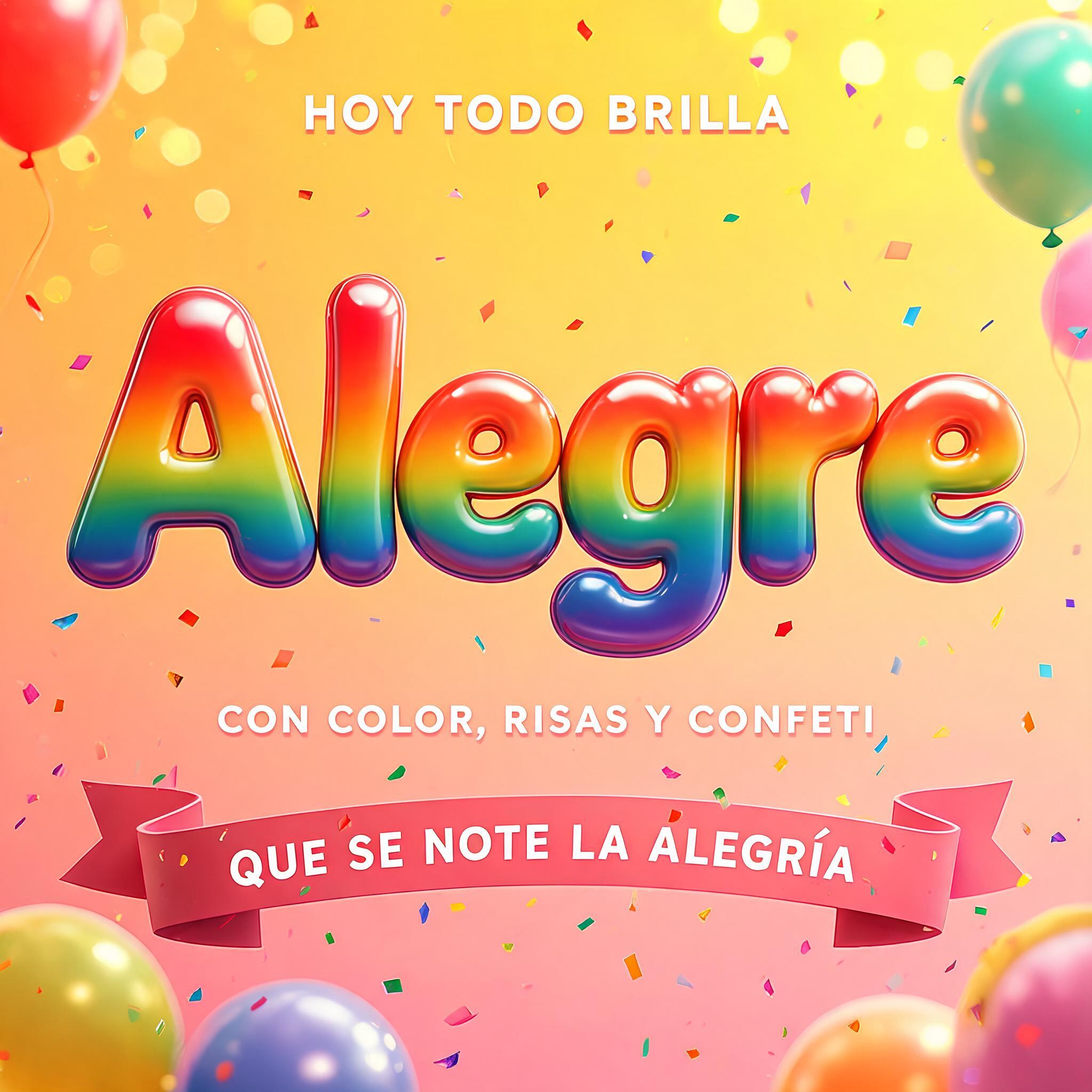 "Alegre
HOY TODO BRILLA
CON COLOR, RISAS Y CONFETI
QUE SE NOTE LA ALEGRÍA" — Rainbow | AI Text Effect Generator