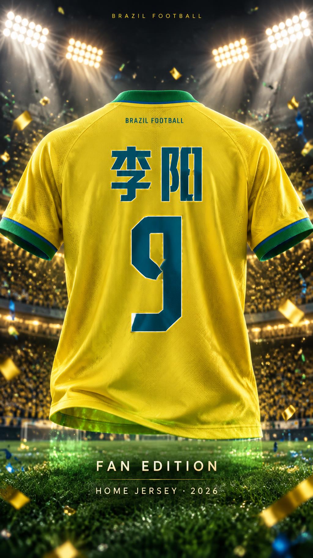 "李阳 9
BRAZIL FOOTBALL
FAN EDITION
HOME JERSEY · 2026" — Sports Football | AI Text Effect Generator
