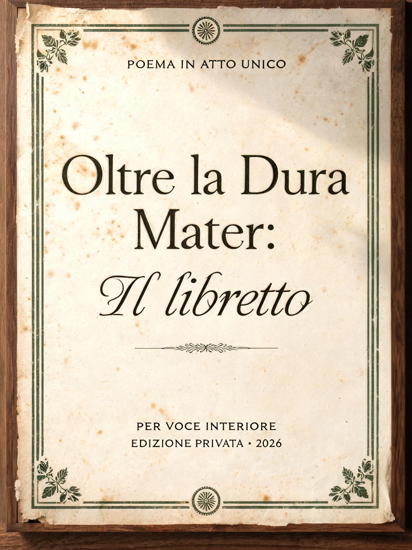 I want a old style vintage sign for my poem that is an opera in my head The title isn  "Oltre la Dura Mater: Il libretto". Are you able to create a sign in a nice old style opera font?