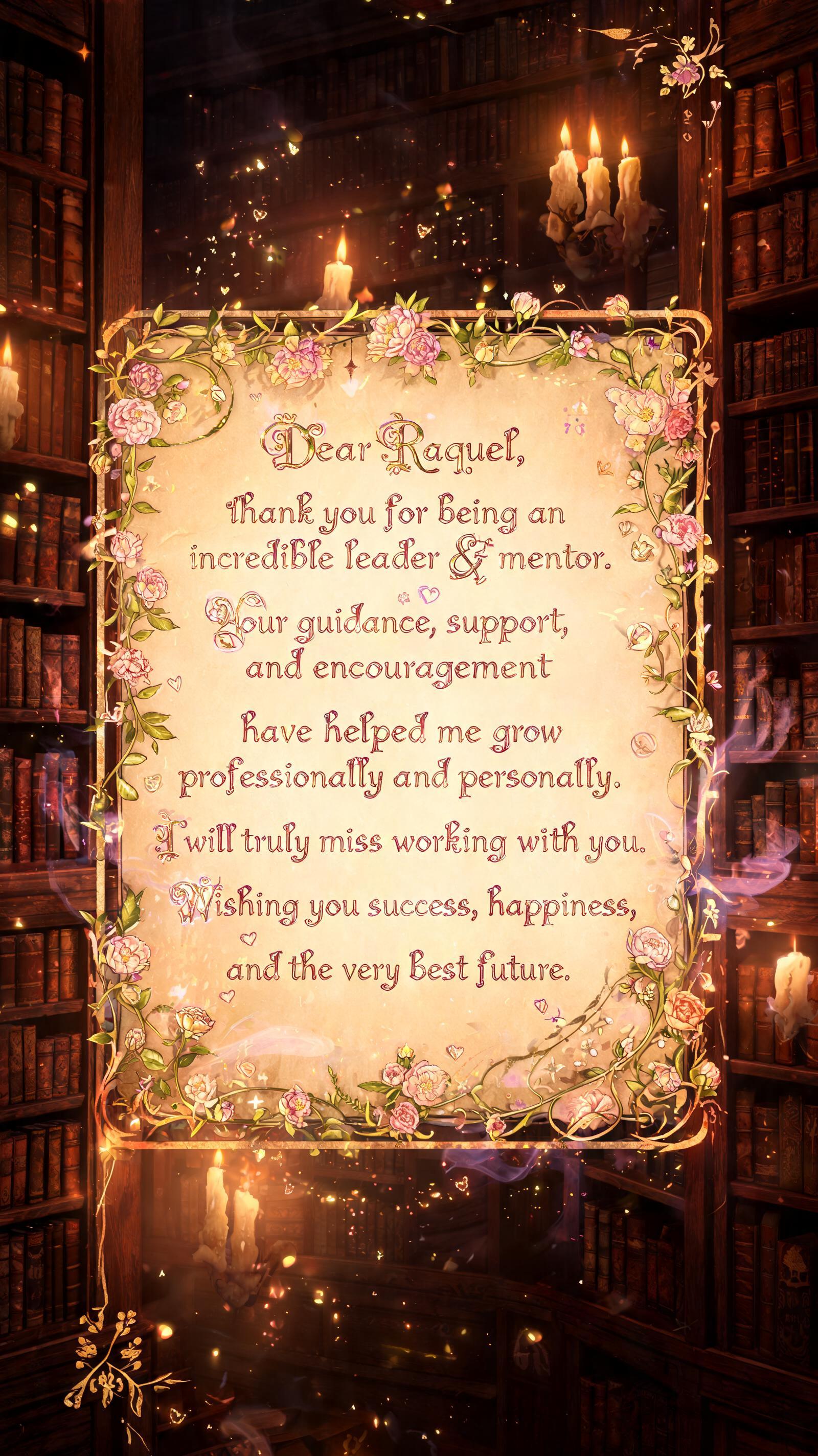 "Dear Raquel, thank you for being an incredible leader & mentor. Your guidance, support, and encouragement have helped me grow professionally and personally. I will truly miss working with you. Wishing you success, happiness, and the very best future." — Magic Fantasy text effect