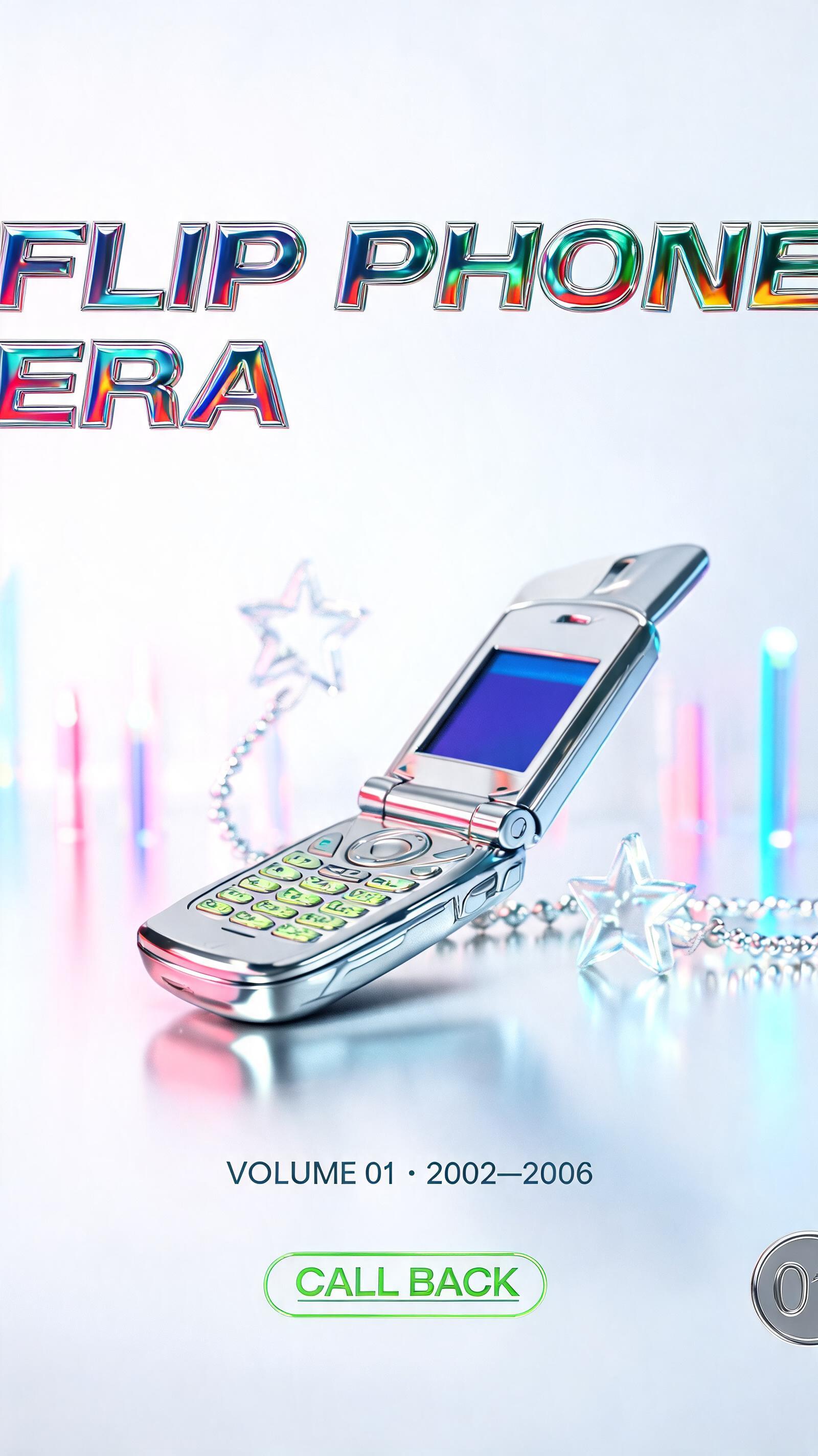 "FLIP PHONE
ERA
THE ARCHIVE EDIT
VOLUME 01 · 2002—2006
CALL BACK
01" — Y2k Chrome | AI Text Effect Generator