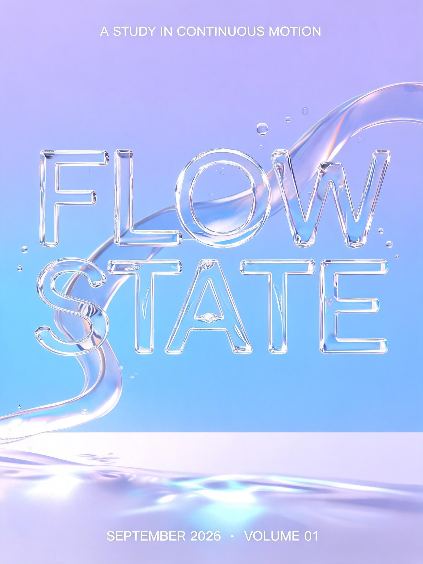"FLOW
STATE
A STUDY IN CONTINUOUS MOTION
SEPTEMBER 2026  ·  VOLUME 01" — Glass | AI Text Effect Generator