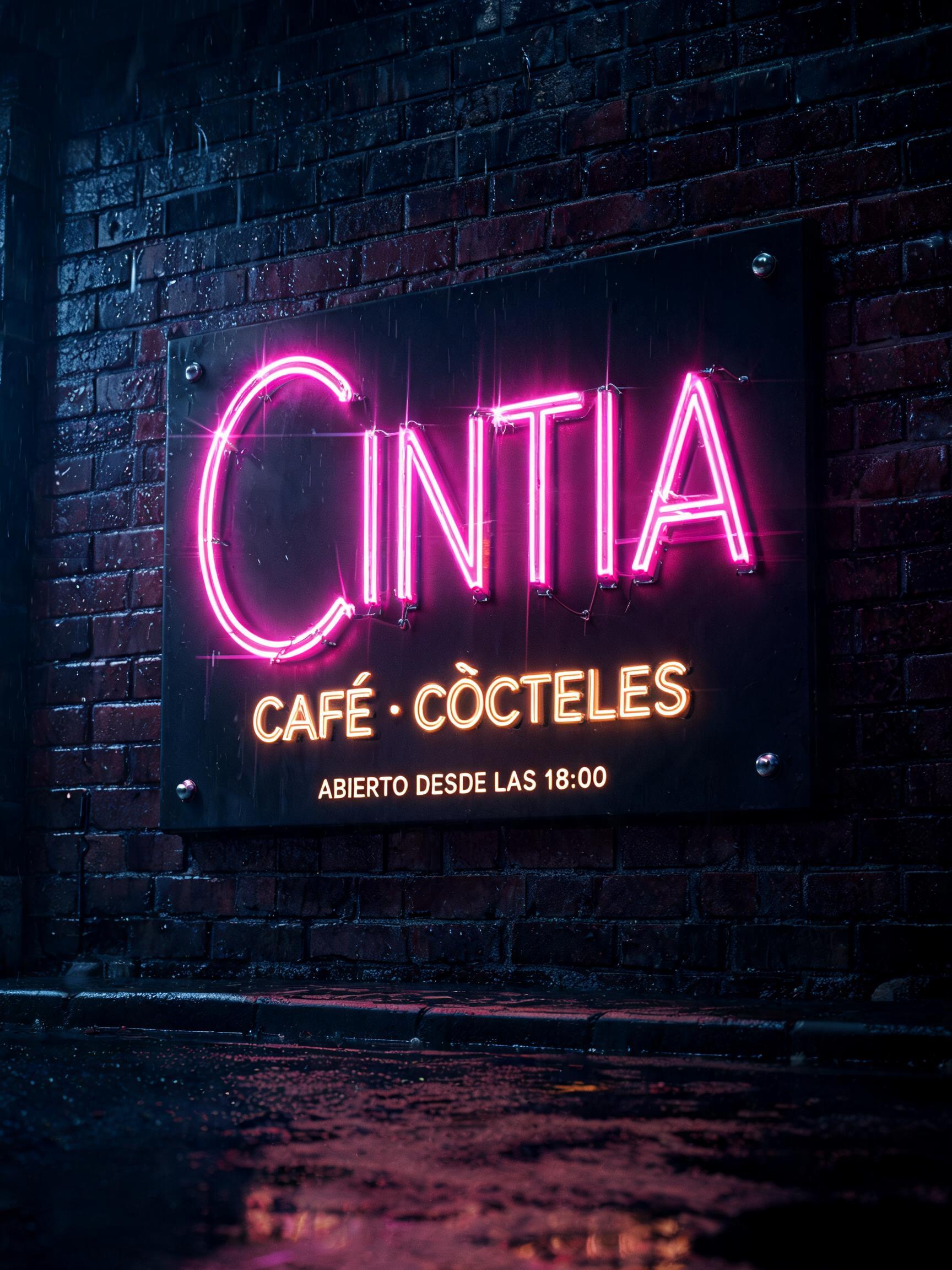 "Cintia
CAFÉ · CÓCTELES
ABIERTO DESDE LAS 18:00" — Neon Sign | AI Text Effect Generator