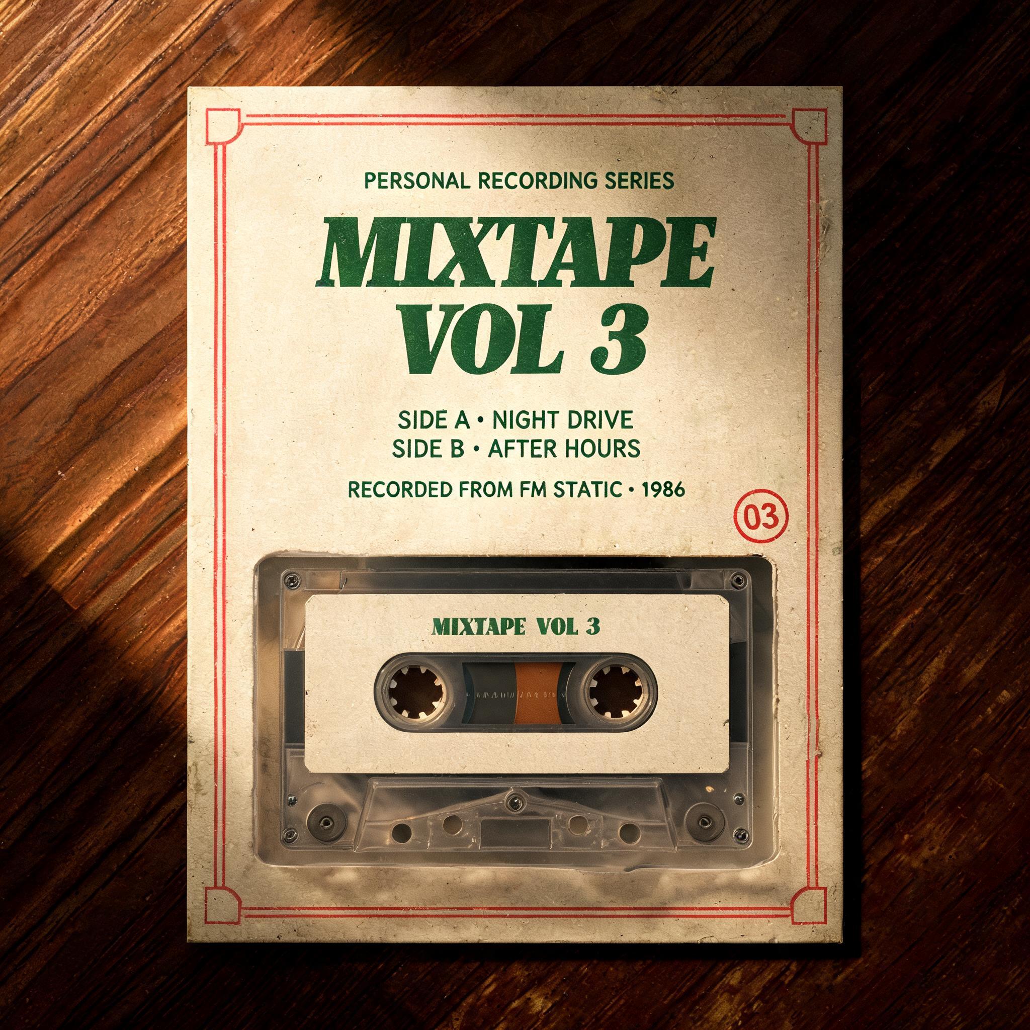 "MIXTAPE
VOL 3
PERSONAL RECORDING SERIES
SIDE A · NIGHT DRIVE
SIDE B · AFTER HOURS
RECORDED FROM FM STATIC · 1986
03" — Vintage | AI Text Effect Generator