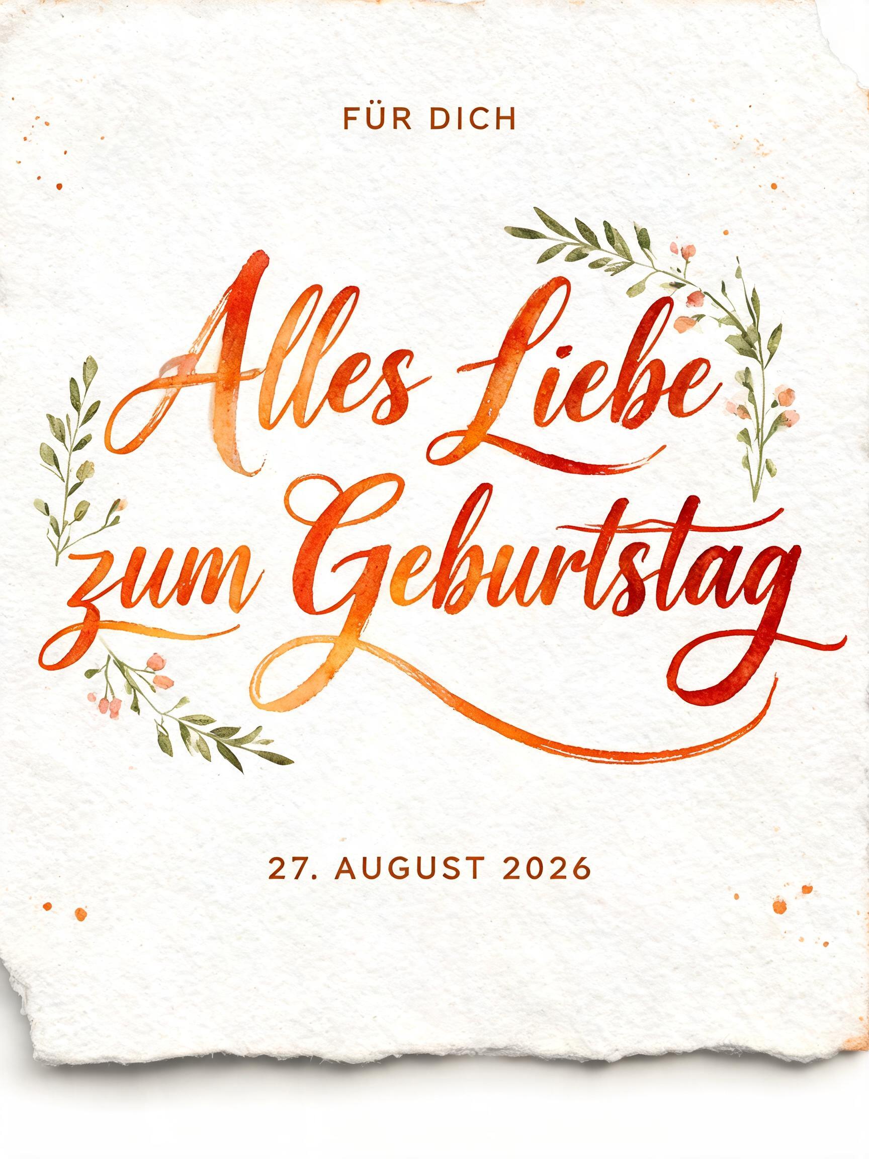 "Schriftzug Geburtstag in orangetönen, Schreibschrift Kalligrafie, Buchstaben breite Pinselstriche" — Watercolor text effect