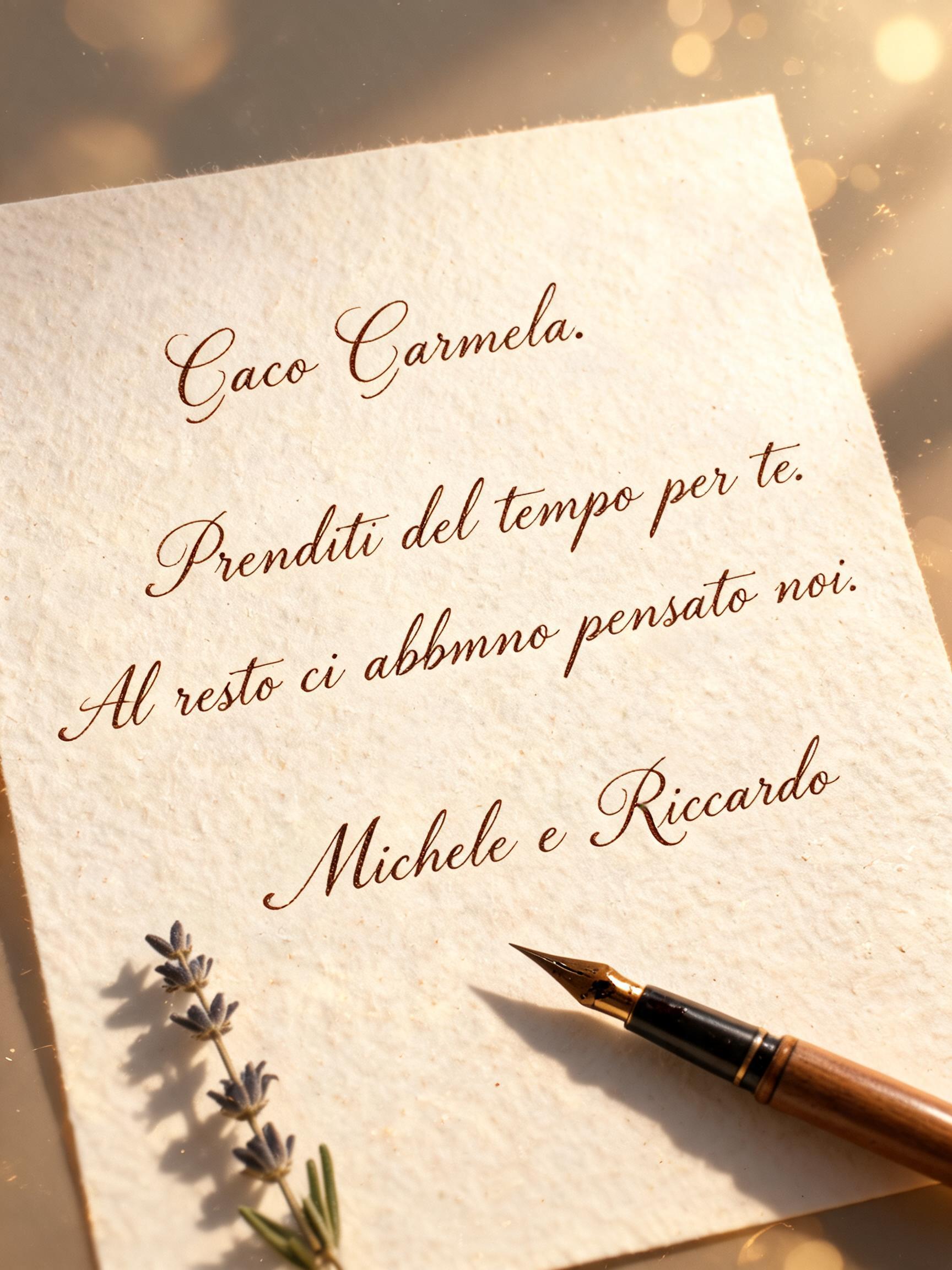 "Ciao Carmela.
Prenditi del tempo per te. Al resto ci abbiamo pensato noi.
Michele e Riccardo" — Handwritten Script text effect