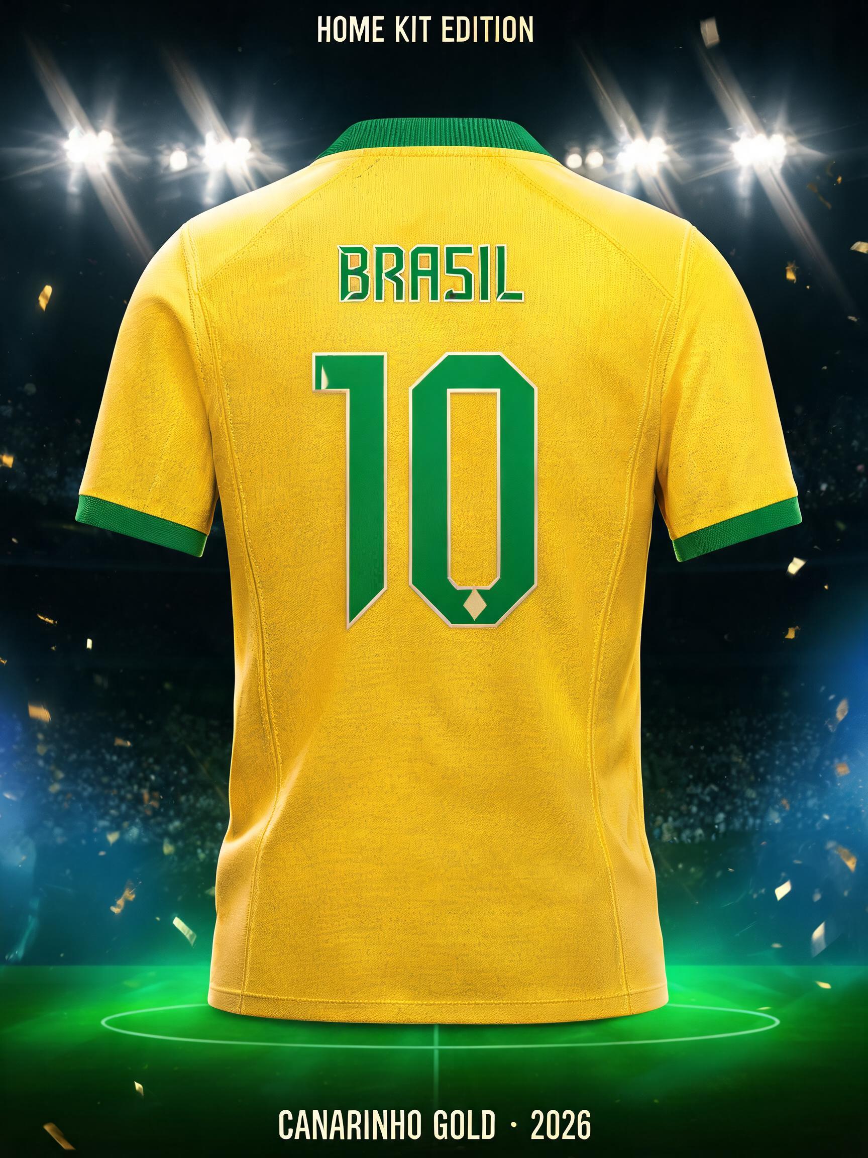 "BRASIL
10
HOME KIT EDITION
CANARINHO GOLD · 2026" — Sports Football | AI Text Effect Generator
