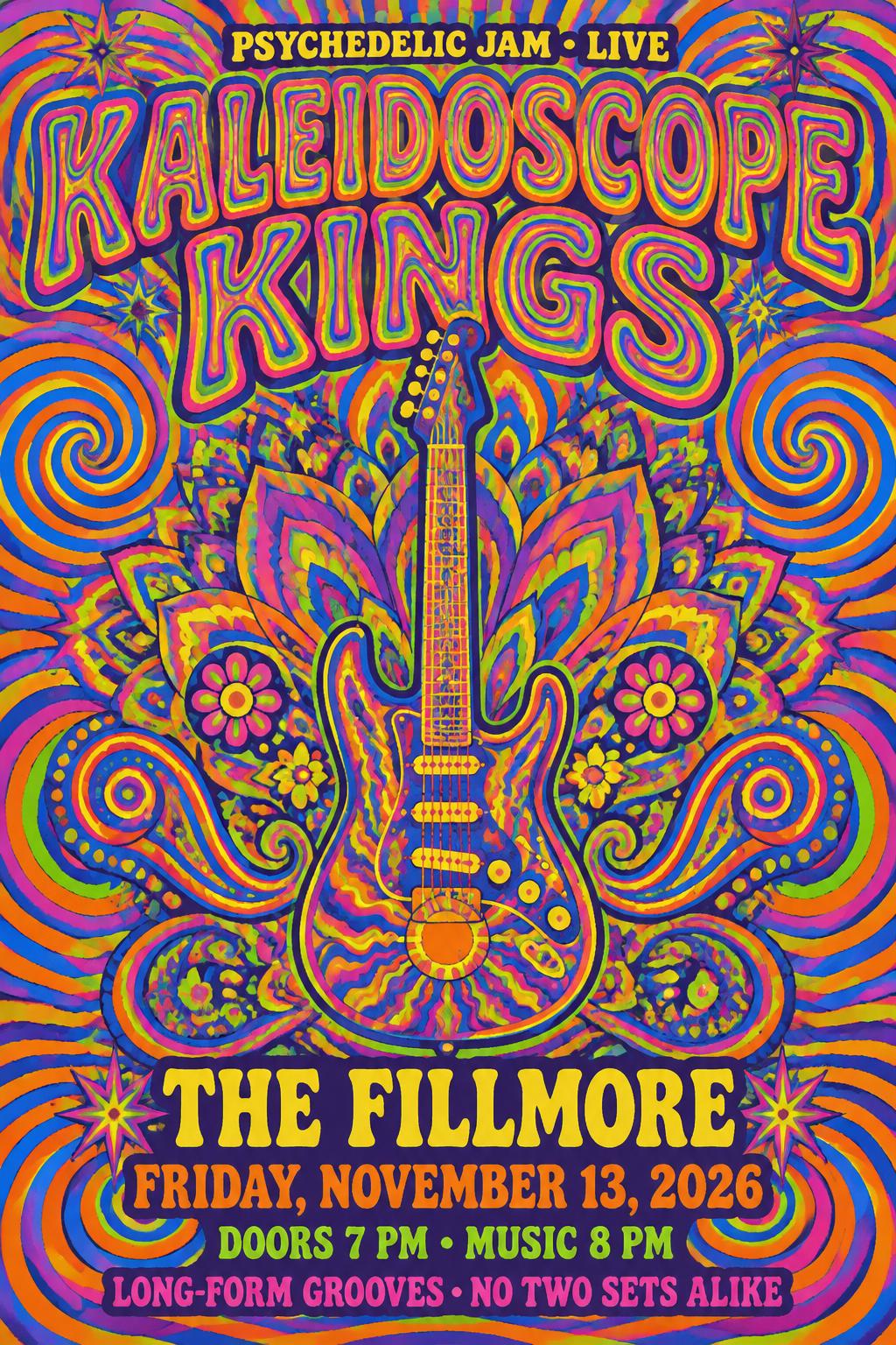 "PSYCHEDELIC JAM • LIVE
KALEIDOSCOPE KINGS
THE FILLMORE
FRIDAY, NOVEMBER 13, 2026
DOORS 7 PM • MUSIC 8 PM
LONG-FORM GROOVES • NO TWO SETS ALIKE" — Psychedelic text effect