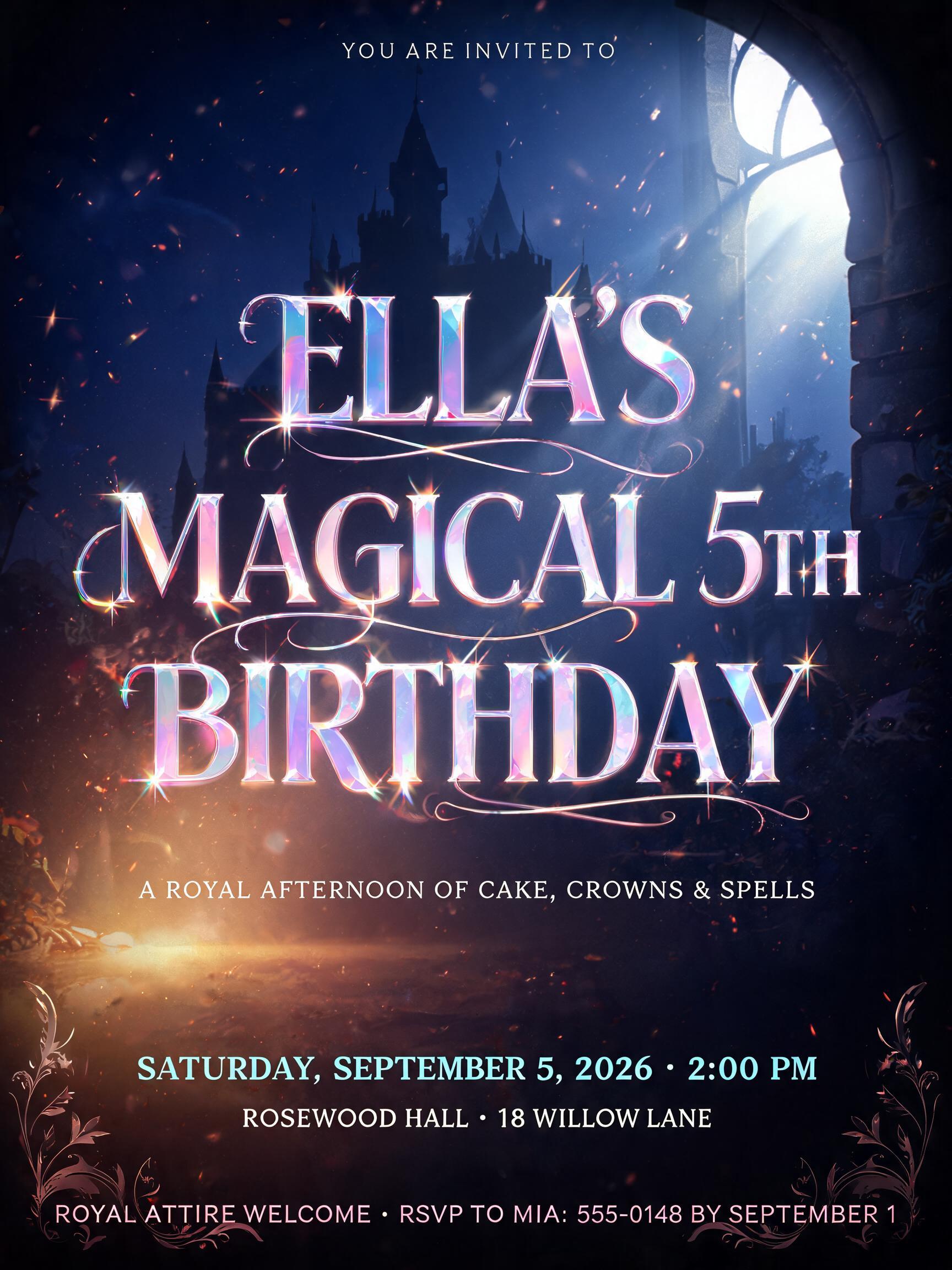 "ELLA’S
MAGICAL 5TH BIRTHDAY
YOU ARE INVITED TO
A ROYAL AFTERNOON OF CAKE, CROWNS & SPELLS
SATURDAY, SEPTEMBER 5, 2026 • 2:00 PM
ROSEWOOD HALL • 18 WILLOW LANE
ROYAL ATTIRE WELCOME • RSVP TO MIA: 555-0148 BY SEPTEMBER 1" — Fairy Tale | AI Text Effect Generator