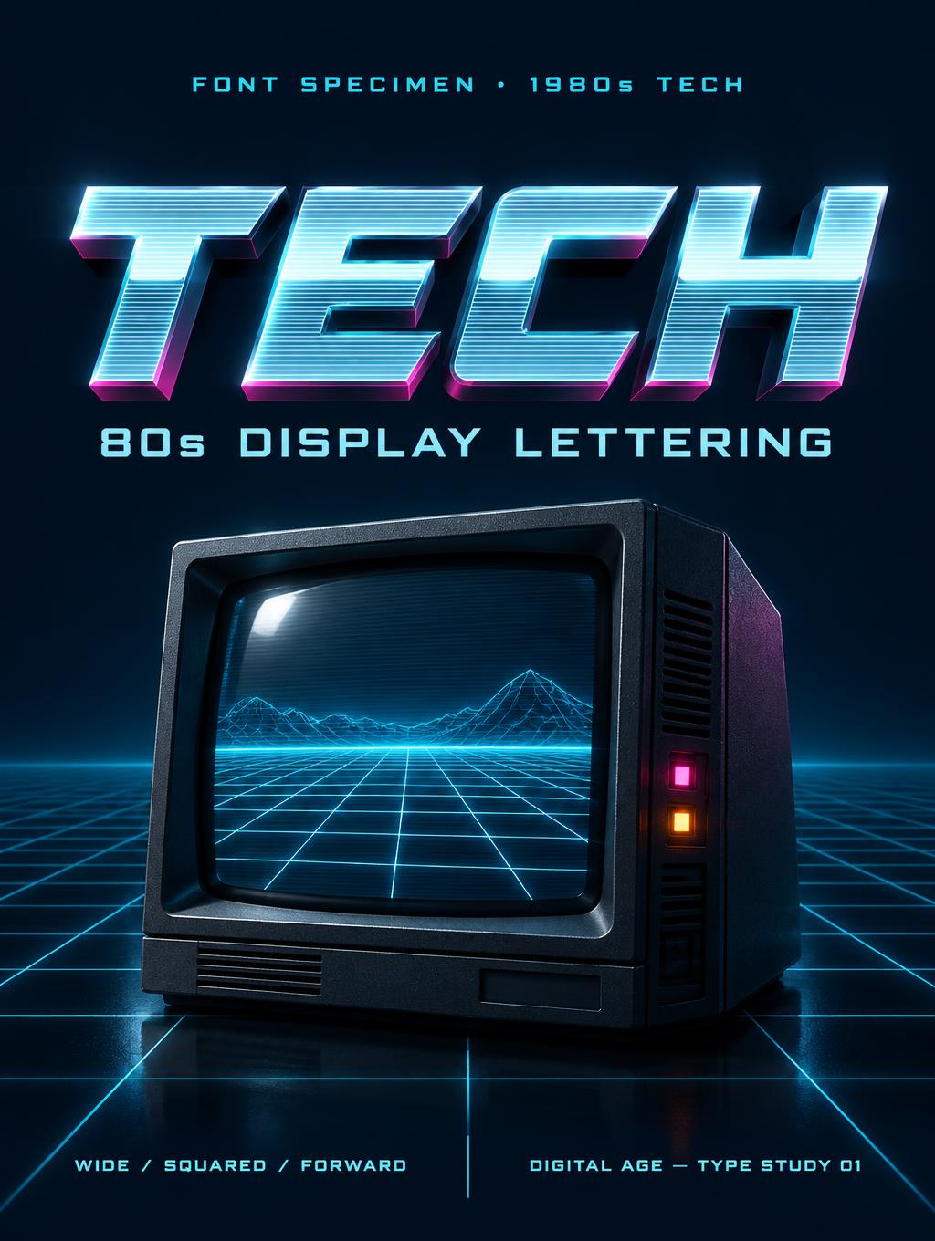 "TECH
FONT SPECIMEN • 1980s TECH
80s DISPLAY LETTERING
WIDE / SQUARED / FORWARD
DIGITAL AGE — TYPE STUDY 01" —  | AI Text Effect Generator