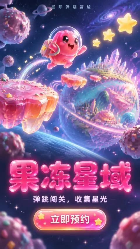 "果冻星域
弹跳闯关,收集星光
星际弹跳冒险
立即预约" — 星糖奇境 text effect