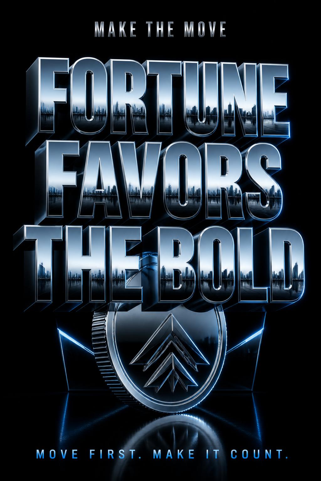 "FORTUNE
FAVORS
THE BOLD
MAKE THE MOVE
MOVE FIRST. MAKE IT COUNT." — Chrome Metal 3d | AI Text Effect Generator