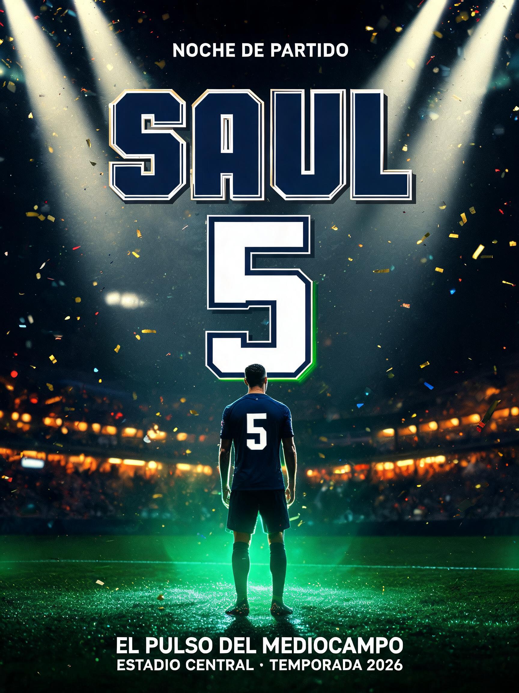 "SAUL
5
NOCHE DE PARTIDO
EL PULSO DEL MEDIOCAMPO
ESTADIO CENTRAL · TEMPORADA 2026" — Sports Football | AI Text Effect Generator