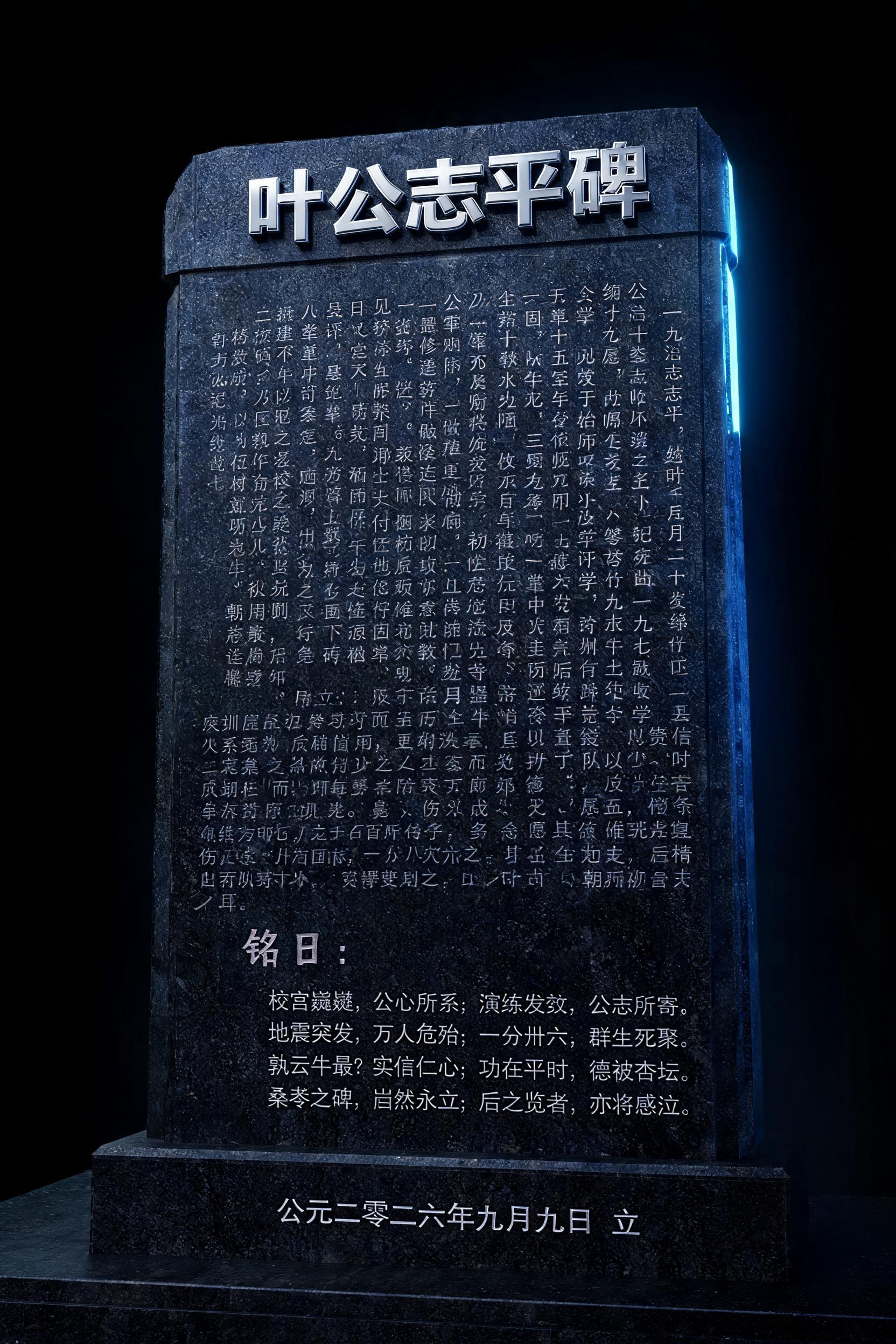 "叶公志平碑
公讳志平，姓叶氏，蜀绵竹人也。生于一九五三年九月。少怀师志，学成于绵阳师范。一九七五年，始教于沸水小学，三年后调桑枣中学。一九九五年，为桑枣中学校长兼党支部书记。二零一一年六月二十七日，以积劳成疾，突发脑溢血，竟卒于任，年五十有七。呜呼哀哉！
公初至桑枣，见一实验楼，肇建于改革之初，庀材不精，匠作苟简，竟无敢为之验收者。公尝执教其中，每登临，辄忧其危。及掌校务，乃誓葺之，虽校用支绌，未以为患。于是数年之间，次第修治：先撤其侧之陋厕，恐崩坏连及也；次实楼板之隙，易纸袋以坚壤；更去砖栏而代以铁干。又于全楼廊柱，悉加围径，一一浇注，使之倍固。初建之费尚寡，而缮完之资数倍之。公不惮烦劳，多方劝募，积少成多，终克有成。外墙所镶石面，公命每石凿孔，以铁钉悬之，虑其震坠而伤人耳。
公尤重平时演练，以为猝然之备。自二零零五年始，每学期必举全校紧急疏散之习。规划周详，班有定路，人有定序。室中前四行出前门，后四行出后门；楼梯拐角，皆有教师守之，以防蹂践。集会有令，学生端椅而行，禁拖曳，恐绊倒也。每习毕，计其时刻，然不尚速，唯讲评其失，务求有序。日积月累，师生习以为常。
二零零八年五月十二日，汶川大地震作。时公在绵阳，心系学校，驱车急返。及至，但见全校二千二百余学子、百余名师，已按平日所练，自各楼有序撤出，齐聚操场，列队如常。计时之，仅一分三十六秒耳。八栋校舍尽毁，而公最忧之实验楼，岿然未倒。全校师生，无一伤亡。公闻报，喜极而泣。
公治校十六载，教学质量连年冠于全县。然其平生所笃信者，唯八字而已：“责任高于一切，成就源于付出。”人或誉公为“最牛校长”，公则曰：“我不牛，愿做牛，做鲁迅先生笔下之孺子牛。”其淡泊如是。公虽逝，其精神长存。学子思之，乡人念之，朝野旌之。其德其功，足为后世师表。
铭曰：
校舍巍巍，公心所系；演练孜孜，公志所寄。
地震突发，万人危殆；一分卅六，群生完聚。
孰云牛最？实惟仁心；功在平时，德被杏坛。
桑枣之碑，岿然永立；后之览者，亦将感泣。
公元二零二六年九月九日 立" — Chrome Metal 3d | AI Text Effect Generator