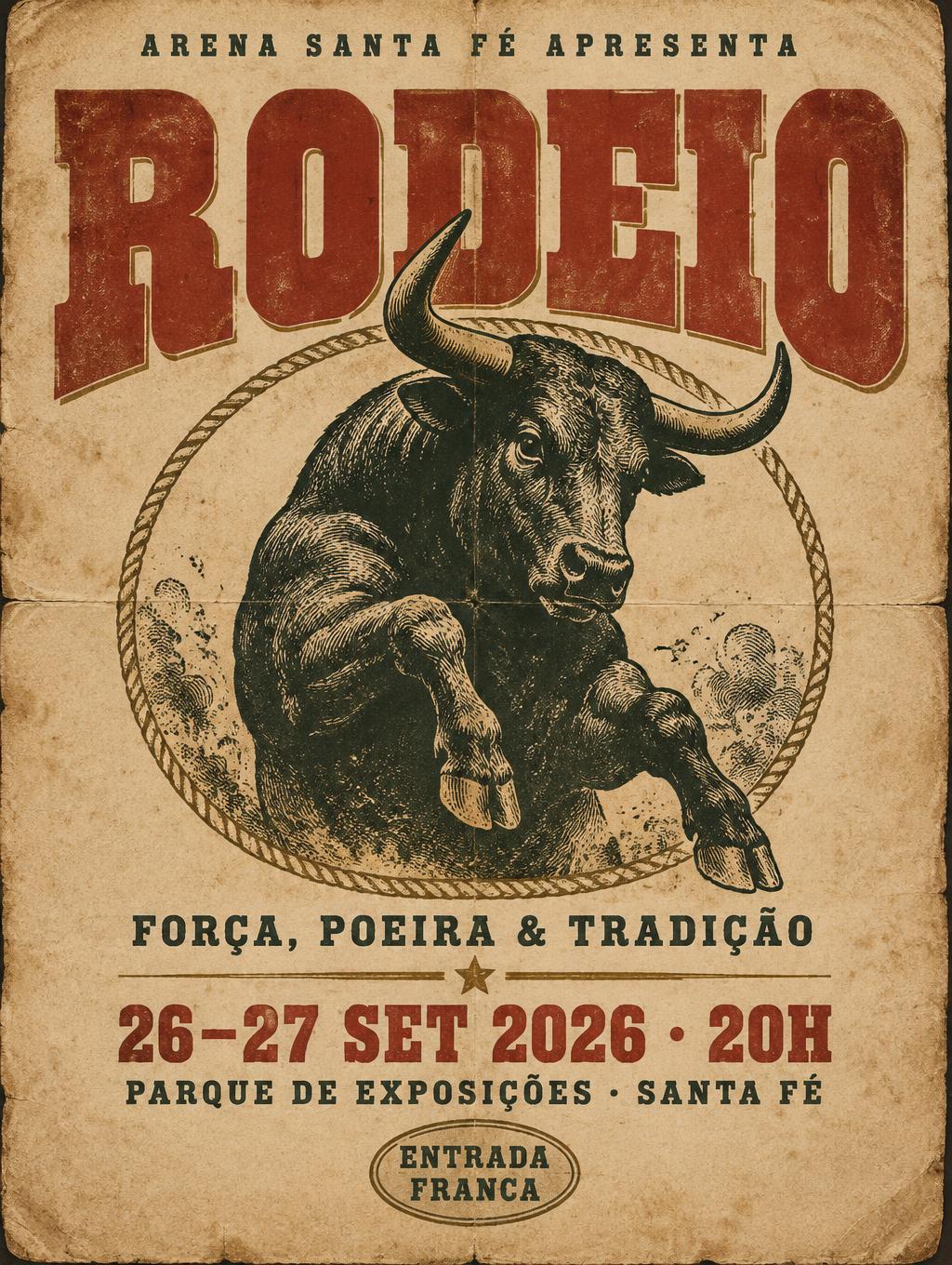"RODEIO
ARENA SANTA FÉ APRESENTA
FORÇA, POEIRA & TRADIÇÃO
26–27 SET 2026 · 20H
PARQUE DE EXPOSIÇÕES · SANTA FÉ
ENTRADA FRANCA" — Vintage | AI Text Effect Generator