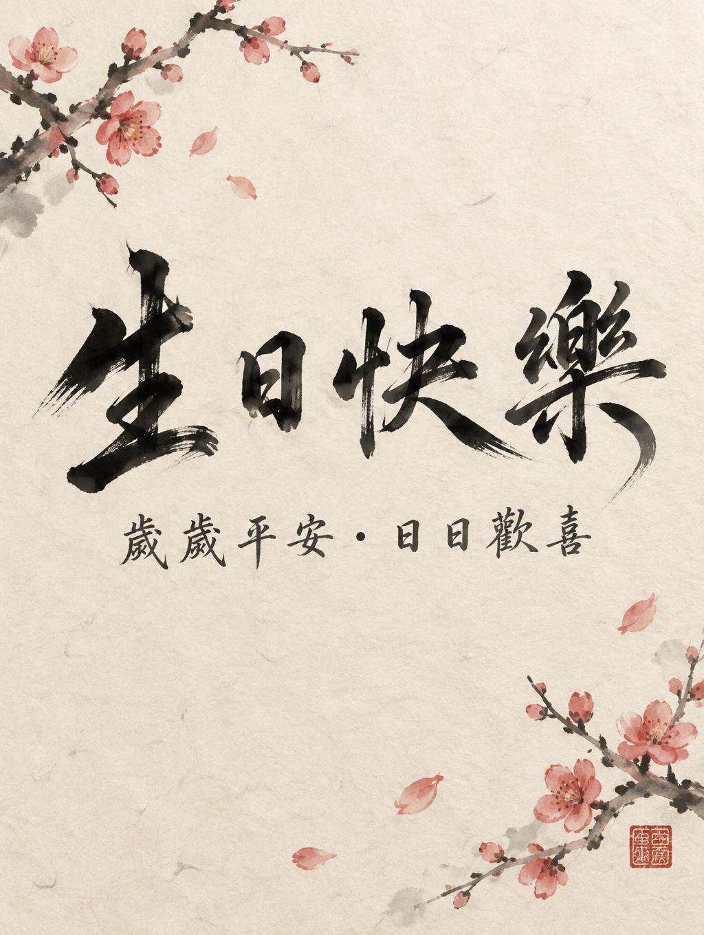 "生日快樂
歲歲平安・日日歡喜" — Brush Chinese Ink | AI Text Effect Generator