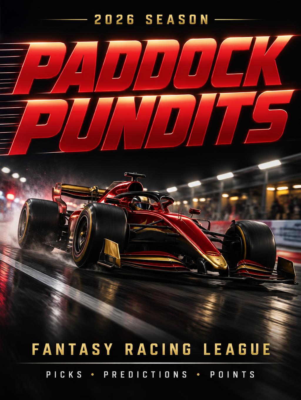 "PADDOCK PUNDITS
FANTASY RACING LEAGUE
PICKS • PREDICTIONS • POINTS
2026 SEASON" — Racing | AI Text Effect Generator