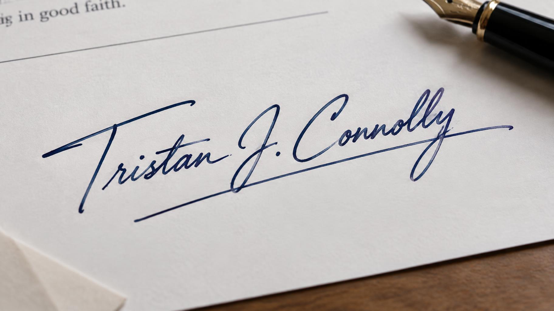 "Tristan J. Connolly" — Cursive Signature text effect