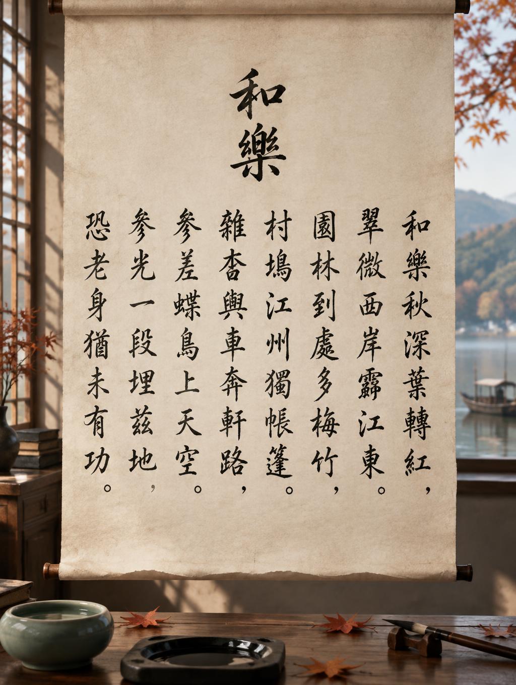 "和樂
和樂秋深葉轉紅，
翠微西岸霹江東。
園林到處多梅竹，
村塢江州獨帳篷。
雜沓輿車奔幹路，
參差蝶鳥上天空。
年光一段埋茲地，
恐老身猶未有功。" —  | AI Text Effect Generator