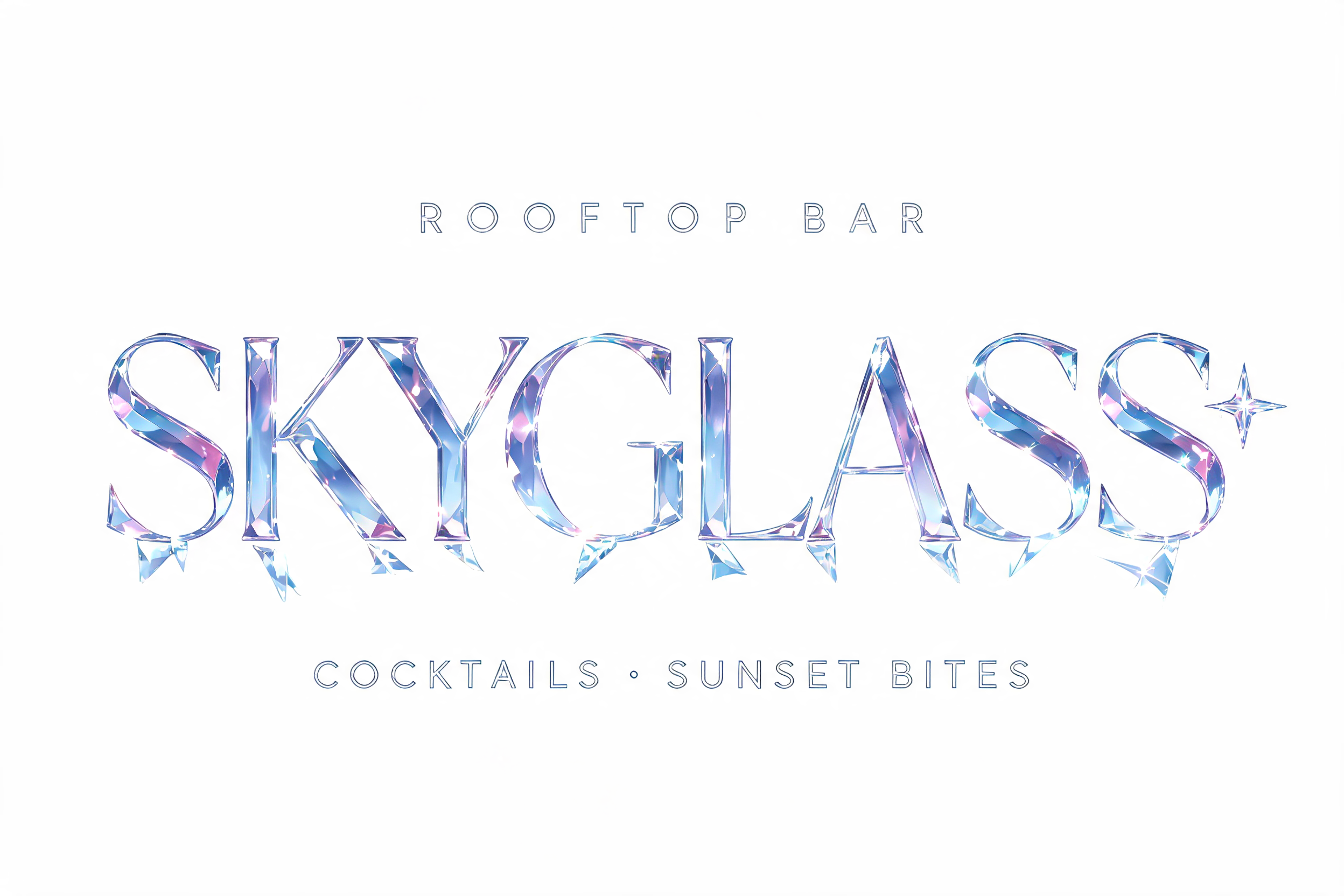 "SKYGLASS
ROOFTOP BAR
COCKTAILS · SUNSET BITES" — Glass | AI Text Effect Generator
