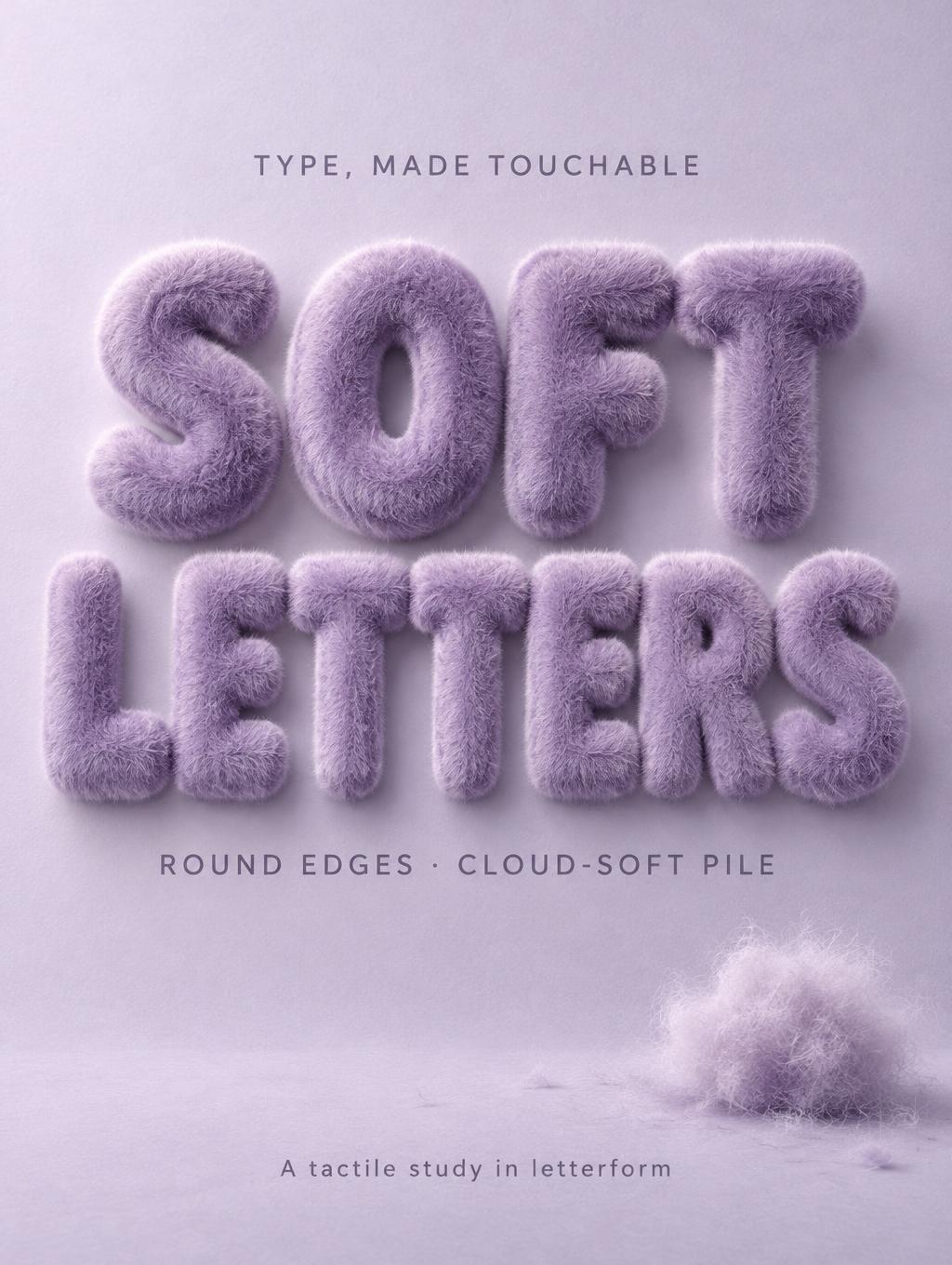 "SOFT
LETTERS
TYPE, MADE TOUCHABLE
ROUND EDGES · CLOUD-SOFT PILE
A tactile study in letterform" — Soft Studio Pile | AI Text Effect Generator
