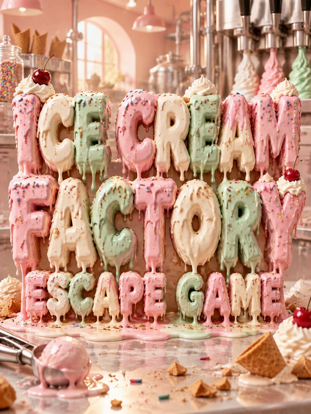 "ICE CREAM FACTORY ESCAPE GAME" — Drip Font Ice | AI Text Effect Generator