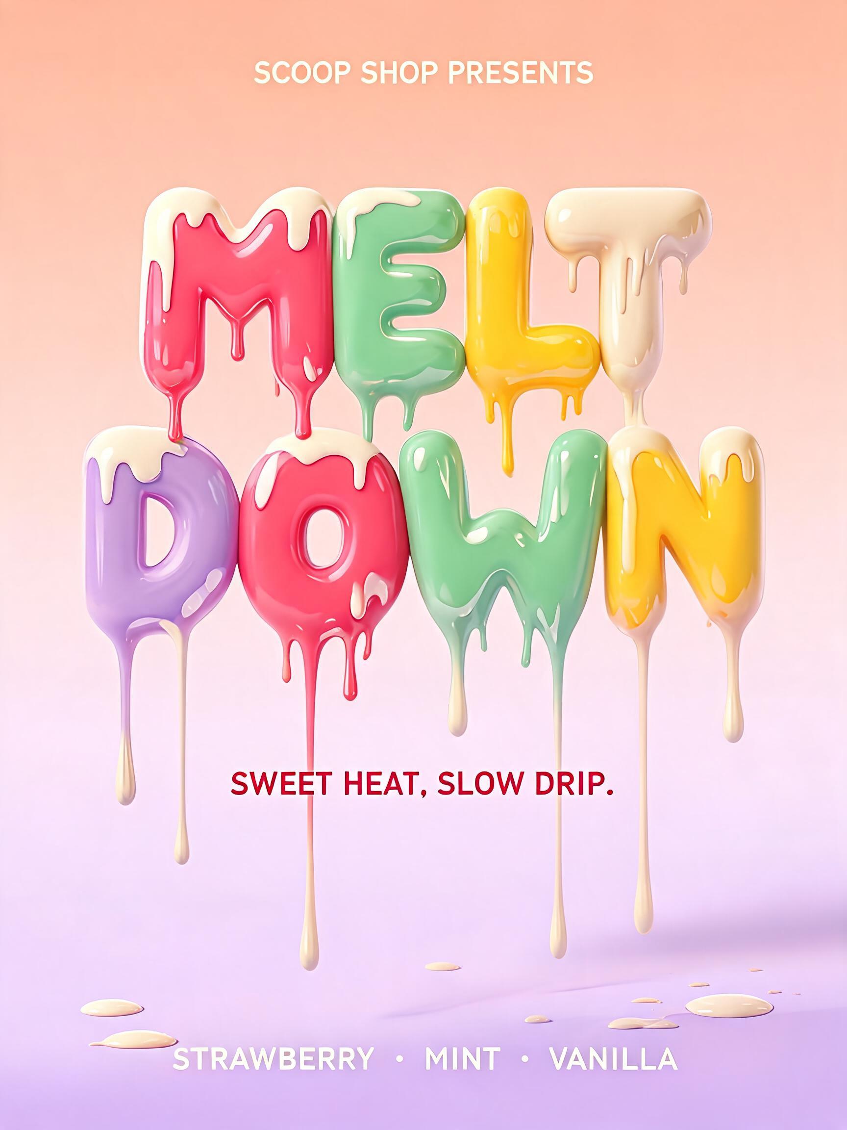 "MELT
DOWN
SCOOP SHOP PRESENTS
SWEET HEAT. SLOW DRIP.
STRAWBERRY · MINT · VANILLA" — Drip Font Ice text effect