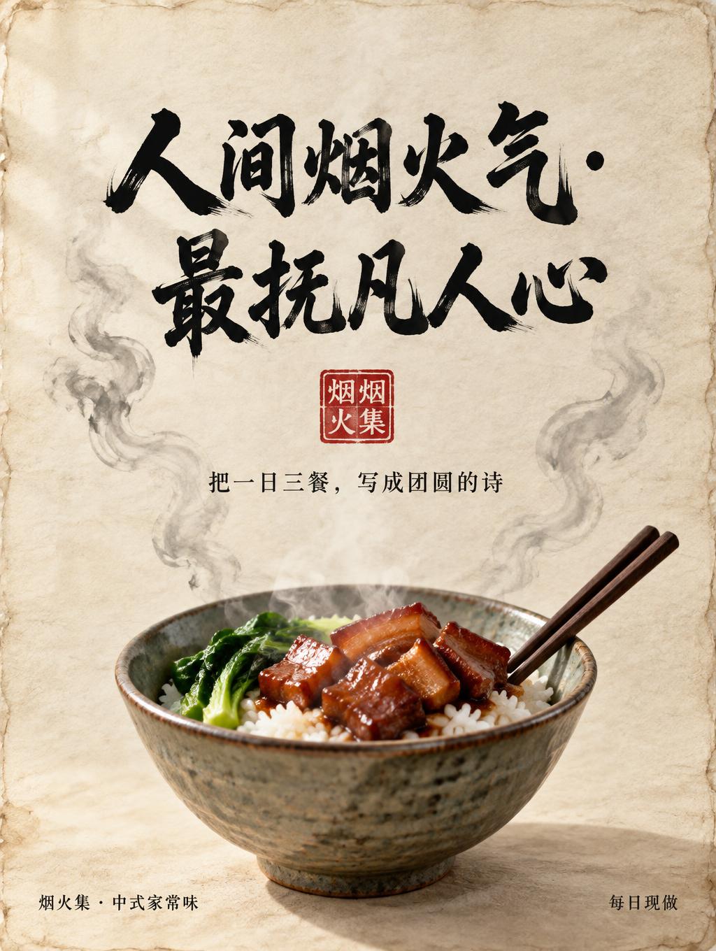 "人间烟火气·
最抚凡人心
烟火集
把一日三餐，写成团圆的诗
烟火集 · 中式家常味
每日现做" — Brush Chinese Ink | AI Text Effect Generator