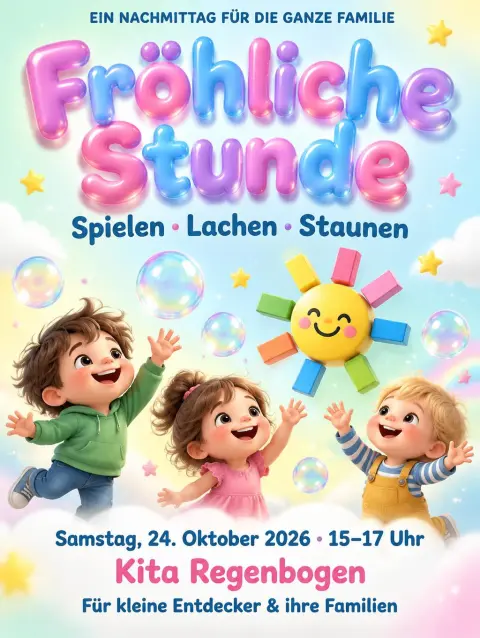 "Fröhliche Stunde
EIN NACHMITTAG FÜR DIE GANZE FAMILIE
Spielen · Lachen · Staunen
Samstag, 24. Oktober 2026 · 15–17 Uhr
Kita Regenbogen
Für kleine Entdecker & ihre Familien" — Bubble text effect