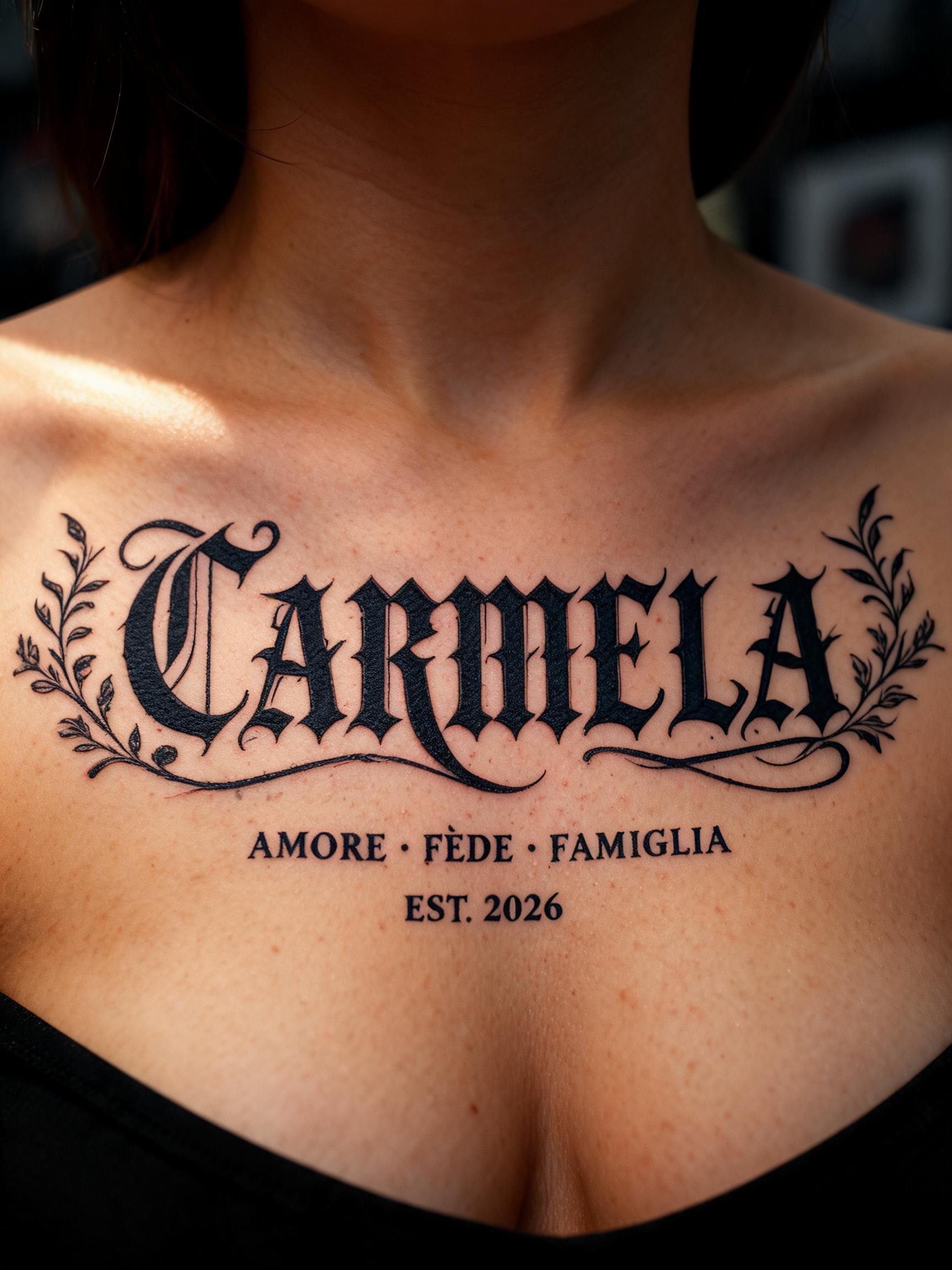 "Carmela
AMORE · FEDE · FAMIGLIA
EST. 2026" — Tattoo text effect