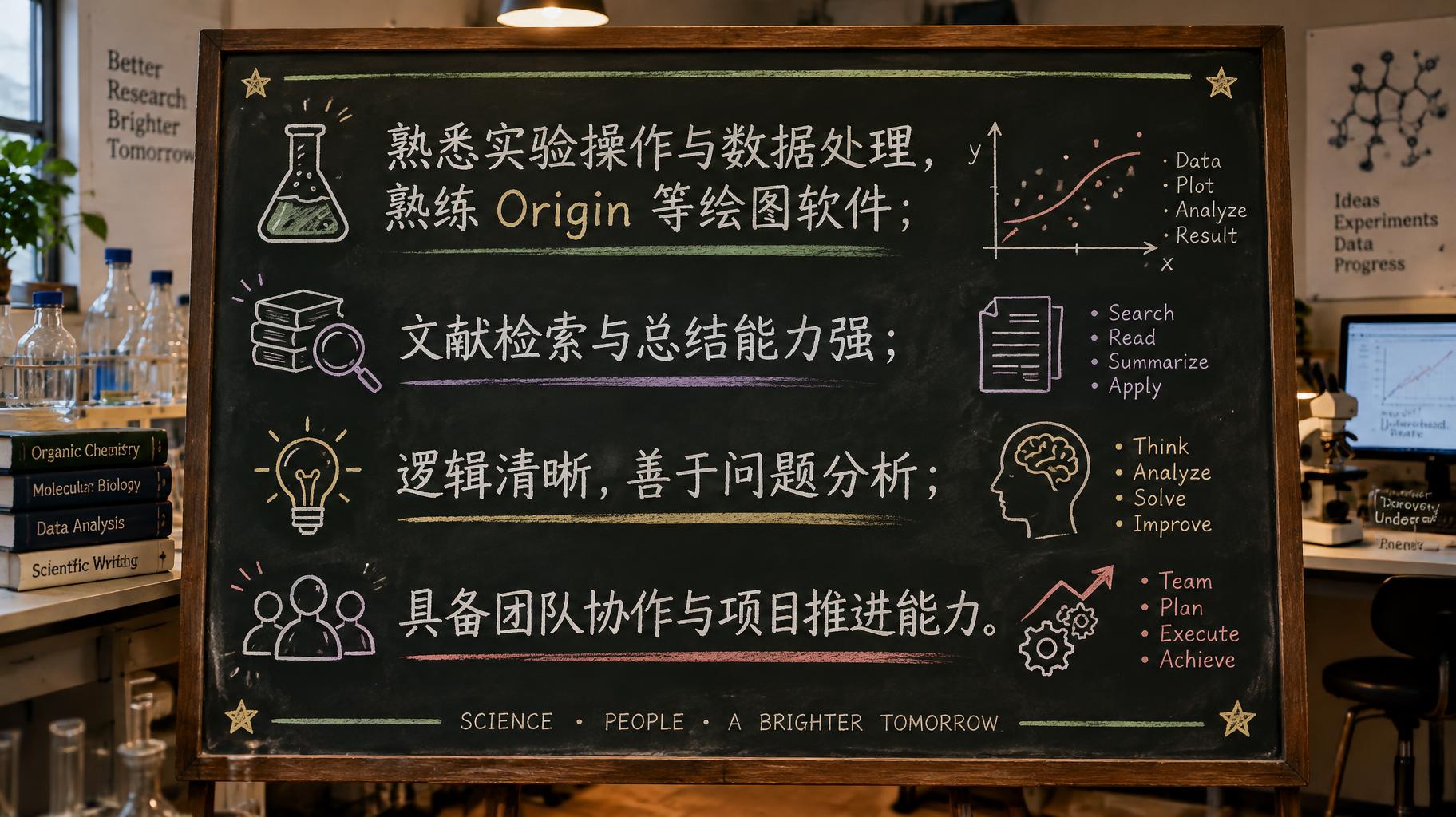 熟悉实验操作与数据处理，熟练 Origin 等绘图软件；文献检索与总结能力强；逻辑清晰，善于问题分析；具备团队协作与项目推进能力。