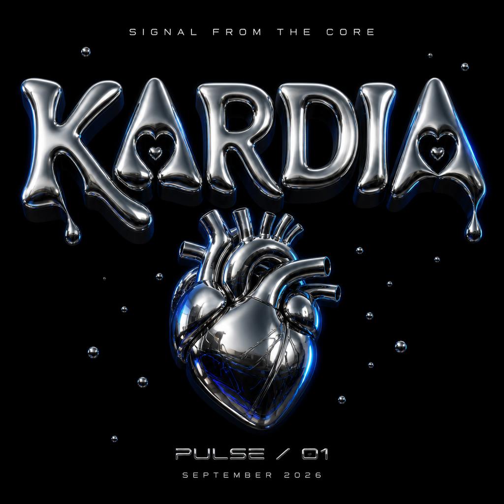 "KARDIA
SIGNAL FROM THE CORE
PULSE / 01
SEPTEMBER 2026" — Chrome Metal 3d | AI Text Effect Generator