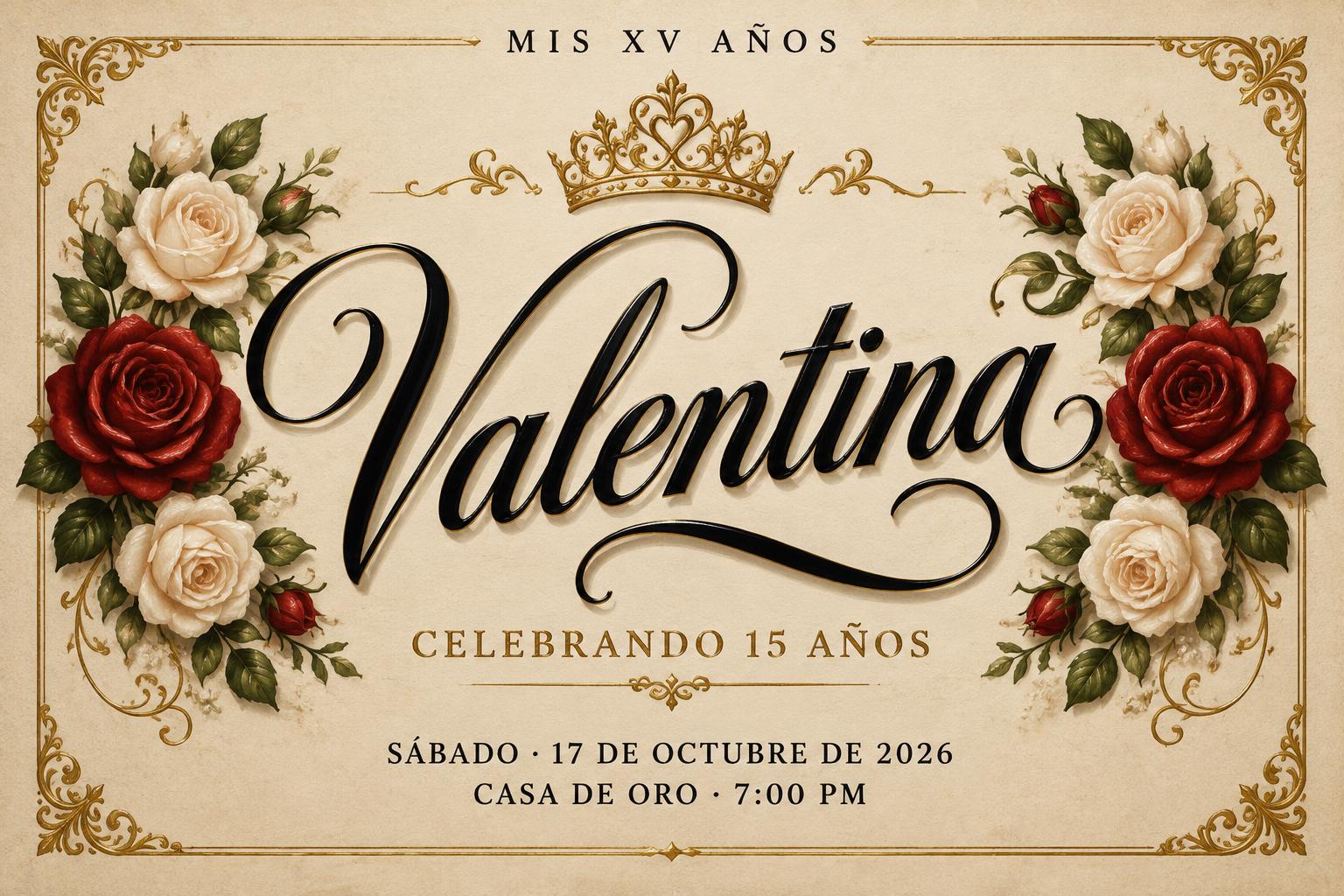 "Valentina
MIS XV AÑOS
CELEBRANDO 15 AÑOS
SÁBADO · 17 DE OCTUBRE DE 2026
CASA DE ORO · 7:00 PM" — Chicano | AI Text Effect Generator