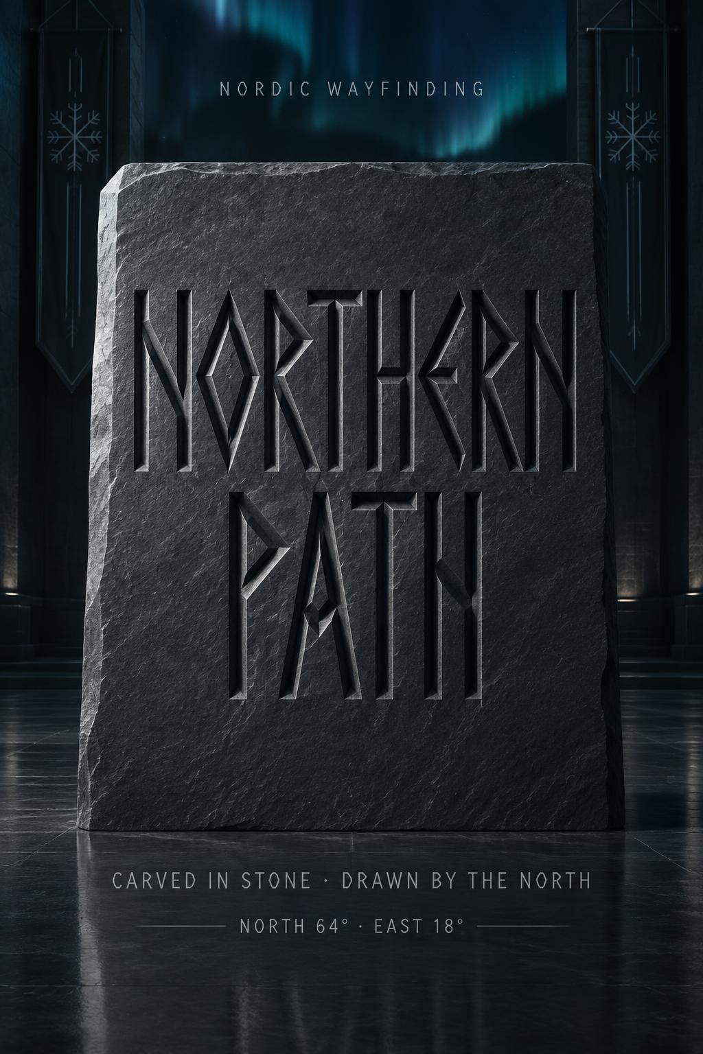 "NORTHERN
PATH
NORDIC WAYFINDING
CARVED IN STONE · DRAWN BY THE NORTH
NORTH 64° · EAST 18°" — Viking Runic | AI Text Effect Generator