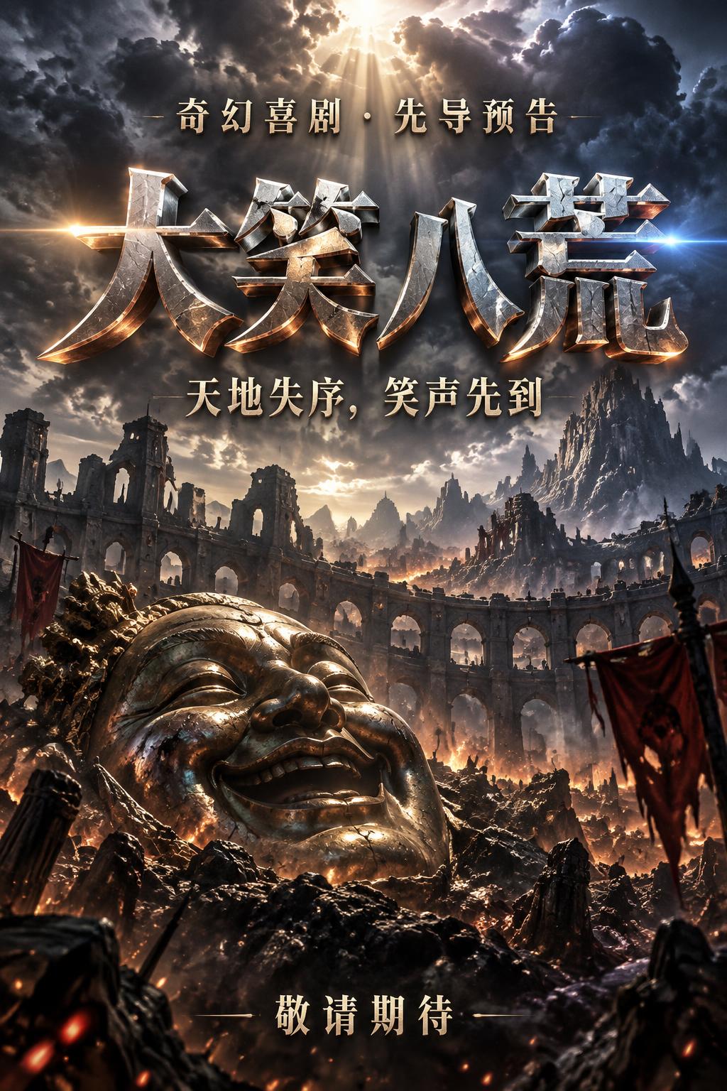 "大笑八荒
天地失序，笑声先到
奇幻喜剧 · 先导预告
敬请期待" — Cinematic Blockbuster text effect