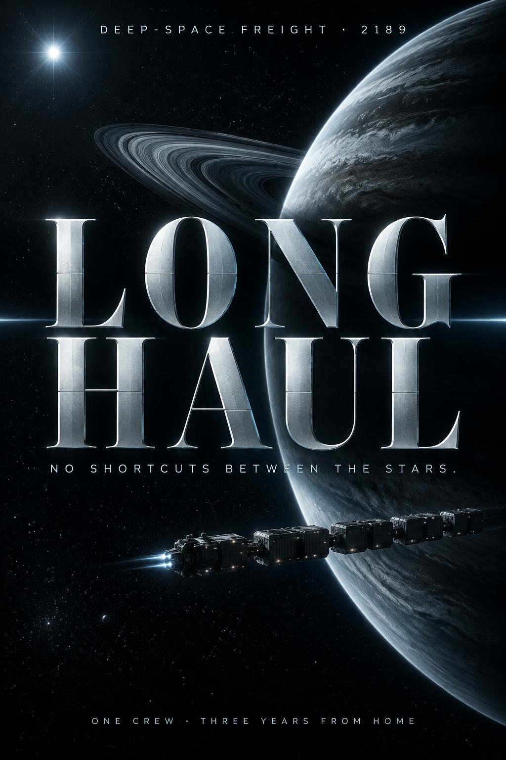"LONG HAUL
DEEP-SPACE FREIGHT · 2189
NO SHORTCUTS BETWEEN THE STARS.
ONE CREW · THREE YEARS FROM HOME" — Cinematic Scifi text effect