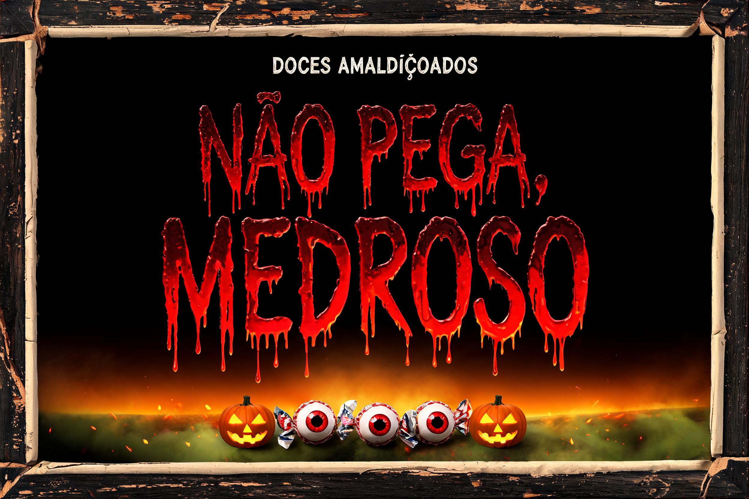 "NÃO PEGA,
MEDROSO
DOCES AMALDIÇOADOS" — Horror text effect
