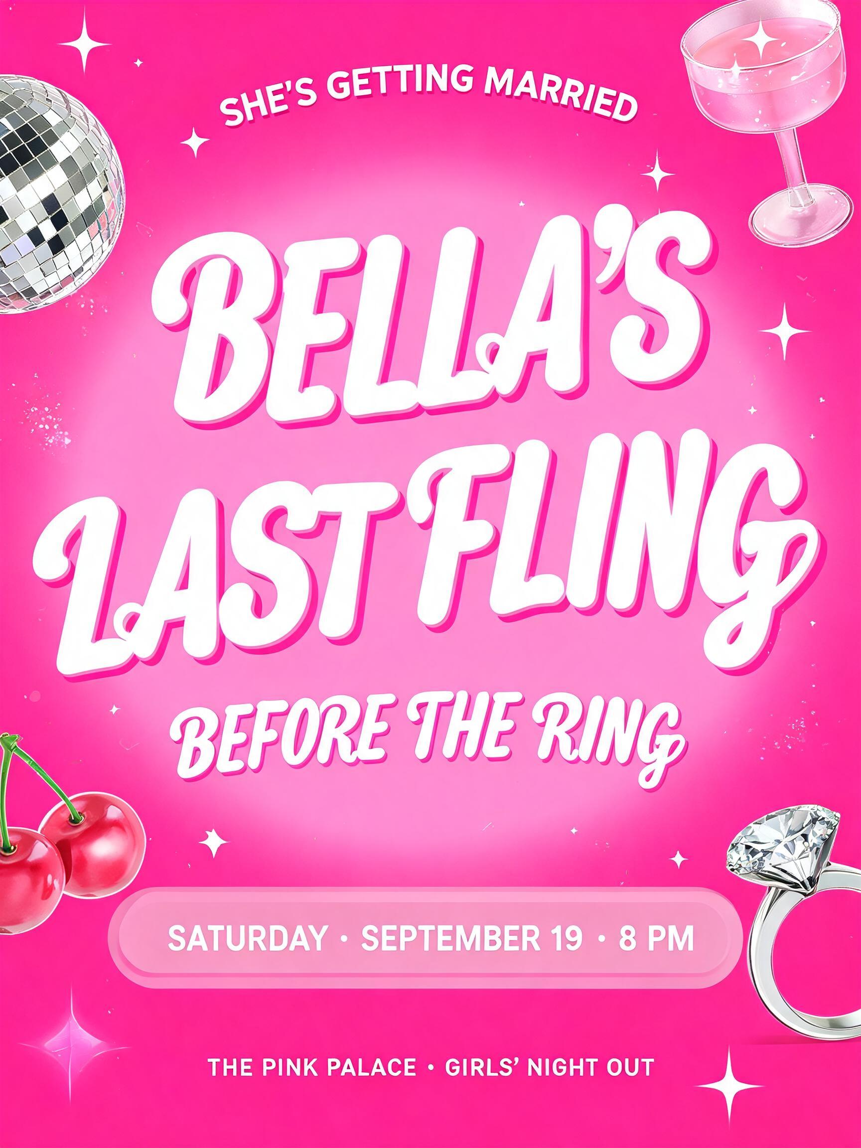 "SHE’S GETTING MARRIED
BELLA’S
LAST FLING
BEFORE THE RING
SATURDAY · SEPTEMBER 19 · 8 PM
THE PINK PALACE · GIRLS’ NIGHT OUT" — Barbie | AI Text Effect Generator