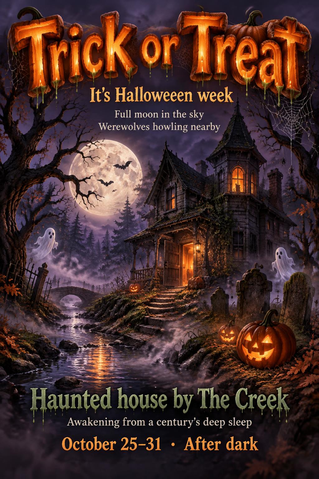 "Trick or Treat
It's Halloween week
Full moon in the sky
Werewolves howling nearby
Haunted house by The Creek
Awakening from a century's deep sleep
October 25–31 · After dark" — Halloween text effect
